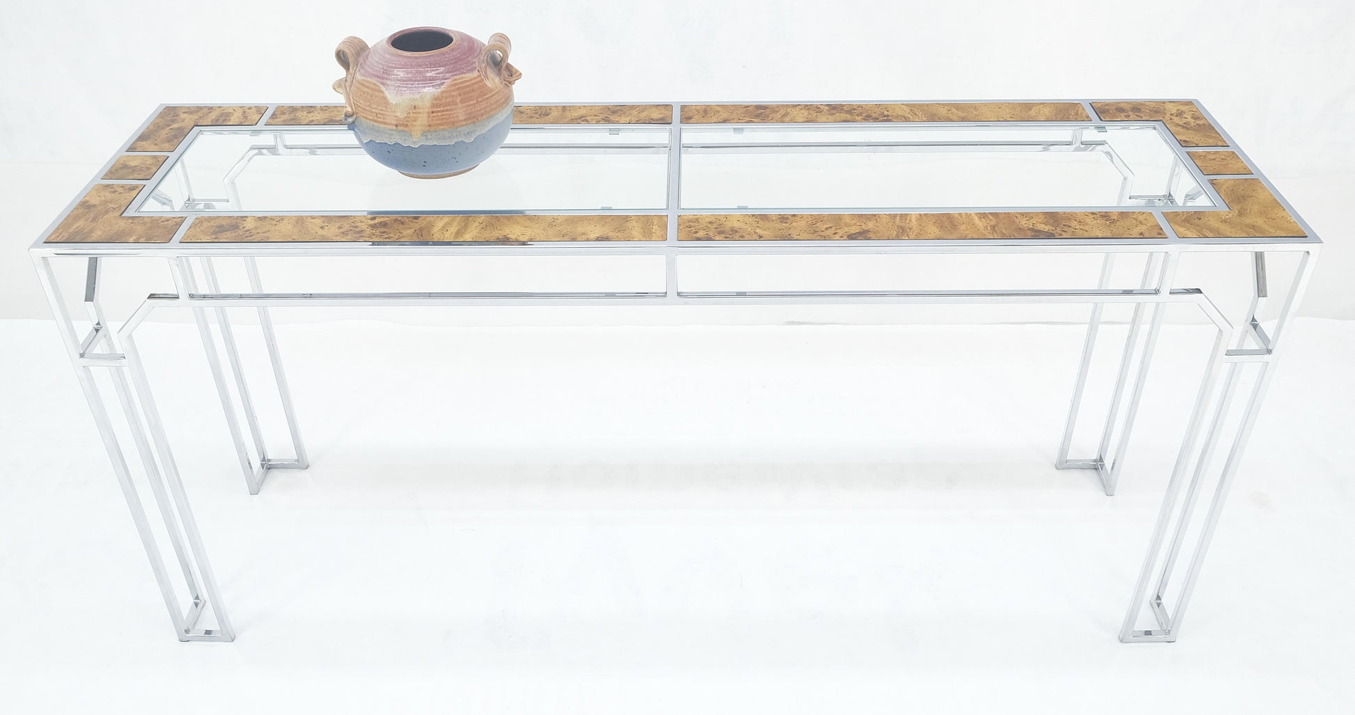 EstablishedLines Chrome Glass Burl Wood 58" Long Mid Century Modern Console Sofa Table MINT