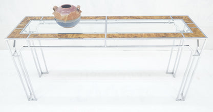 EstablishedLines Chrome Glass Burl Wood 58" Long Mid Century Modern Console Sofa Table MINT