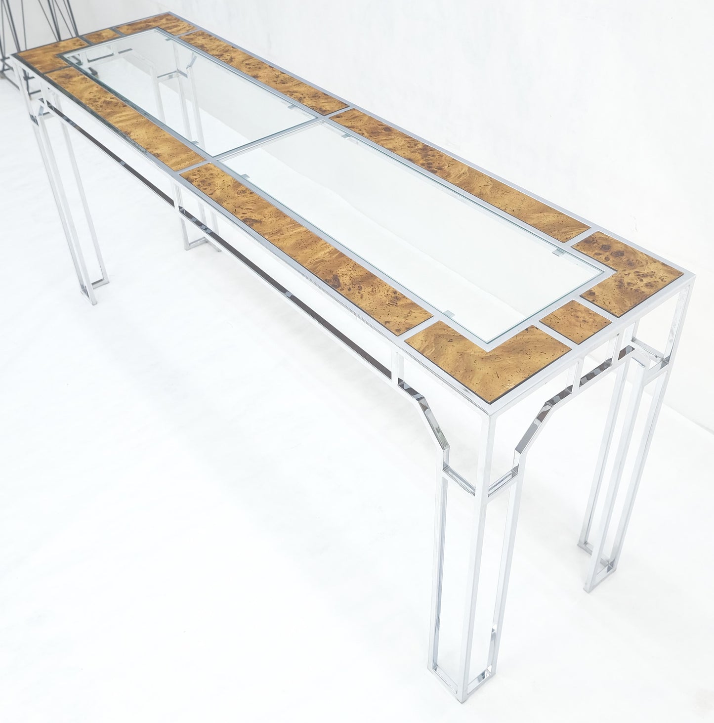 EstablishedLines Chrome Glass Burl Wood 58" Long Mid Century Modern Console Sofa Table MINT
