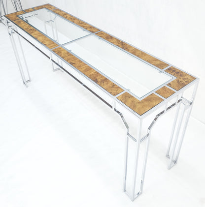 EstablishedLines Chrome Glass Burl Wood 58" Long Mid Century Modern Console Sofa Table MINT