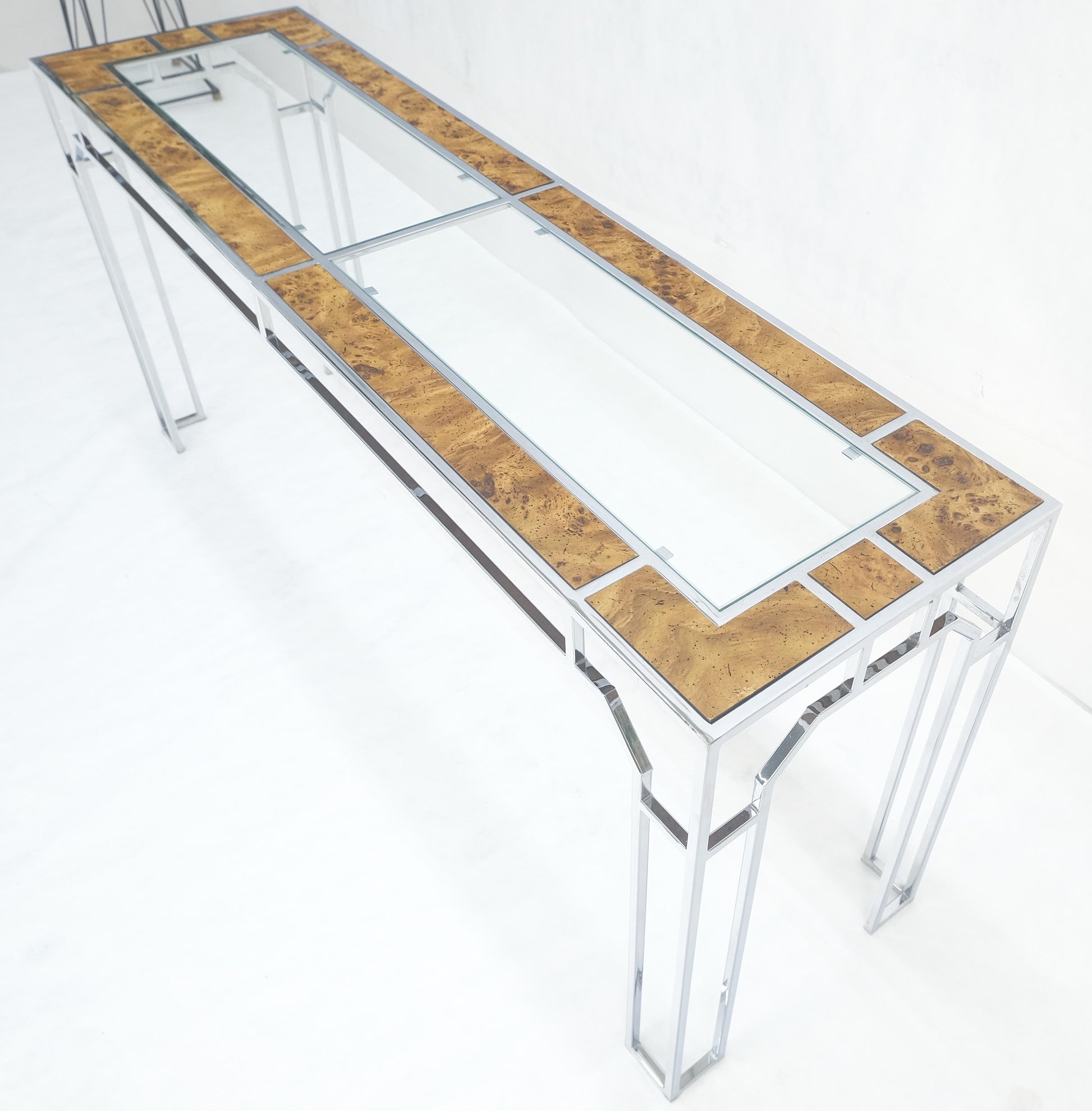 EstablishedLines Chrome Glass Burl Wood 58" Long Mid Century Modern Console Sofa Table MINT