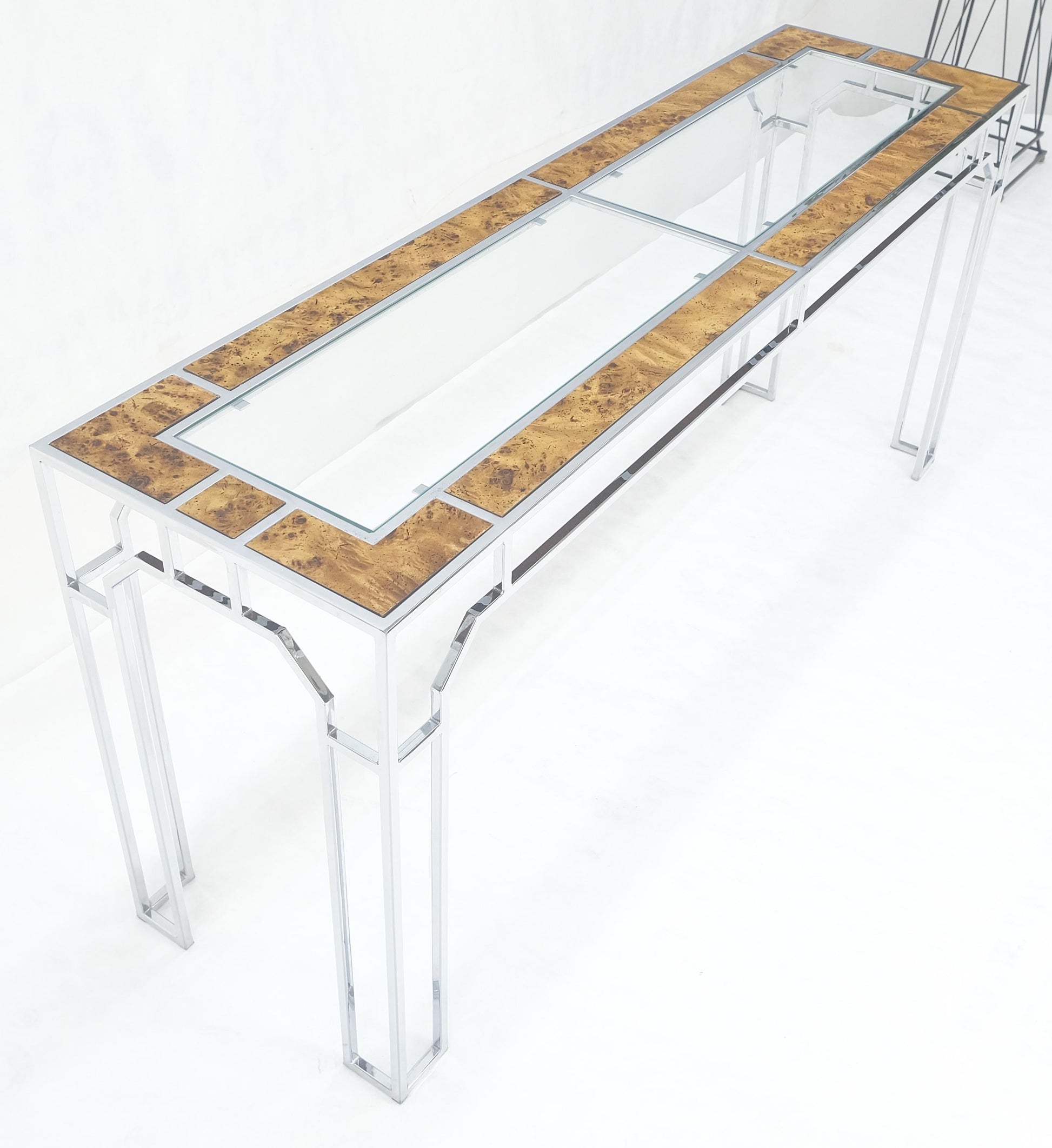 EstablishedLines Chrome Glass Burl Wood 58" Long Mid Century Modern Console Sofa Table MINT