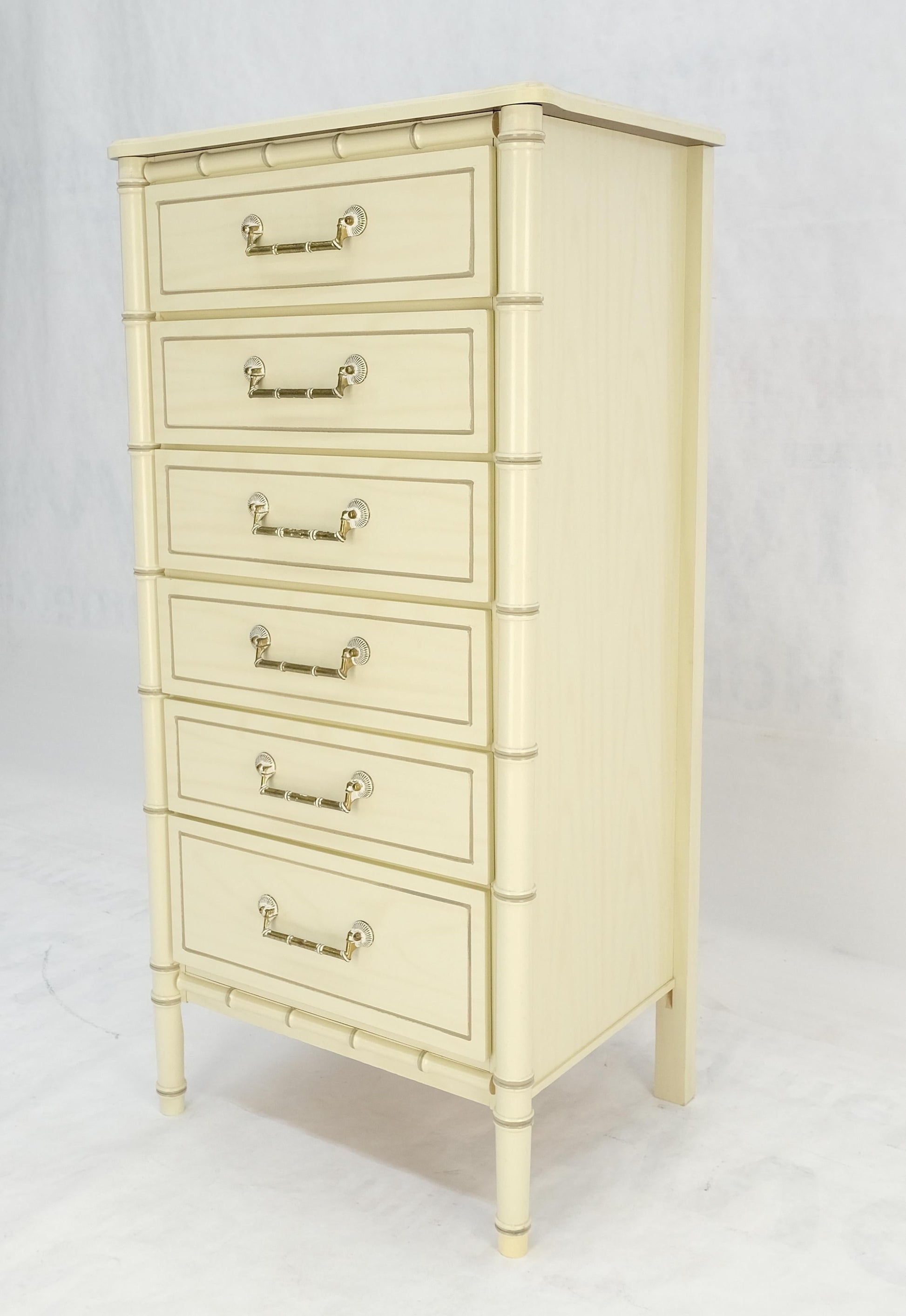 EstablishedLines Faux Bamboo Beige White Lacquer 48" Tall 6 Drawer Lingerie Chest Dresser MINT!