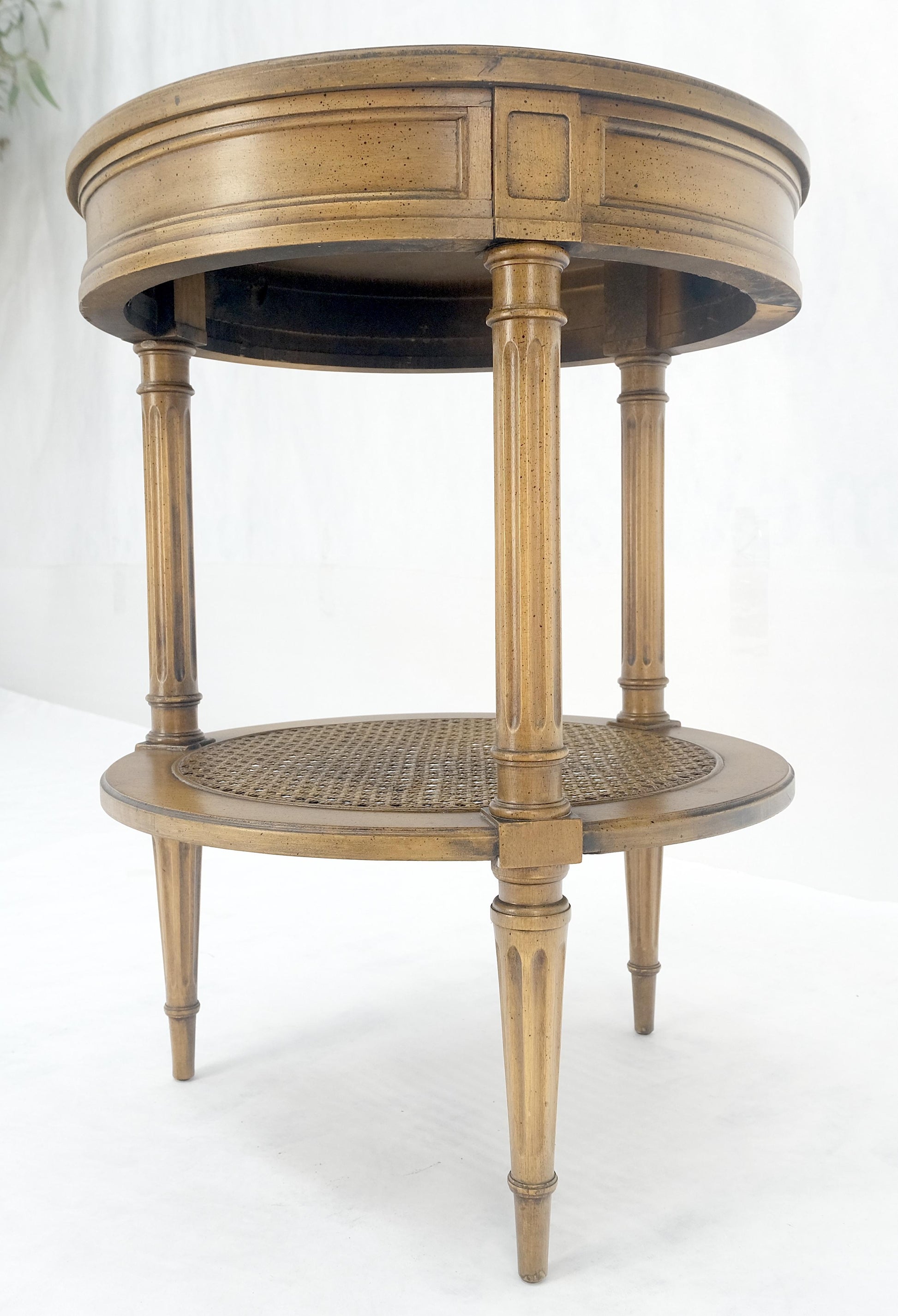 EstablishedLines Marquetry Top Two Tier Cane Shelf 18" Diameter Lamp Side Center Table Stand MINT