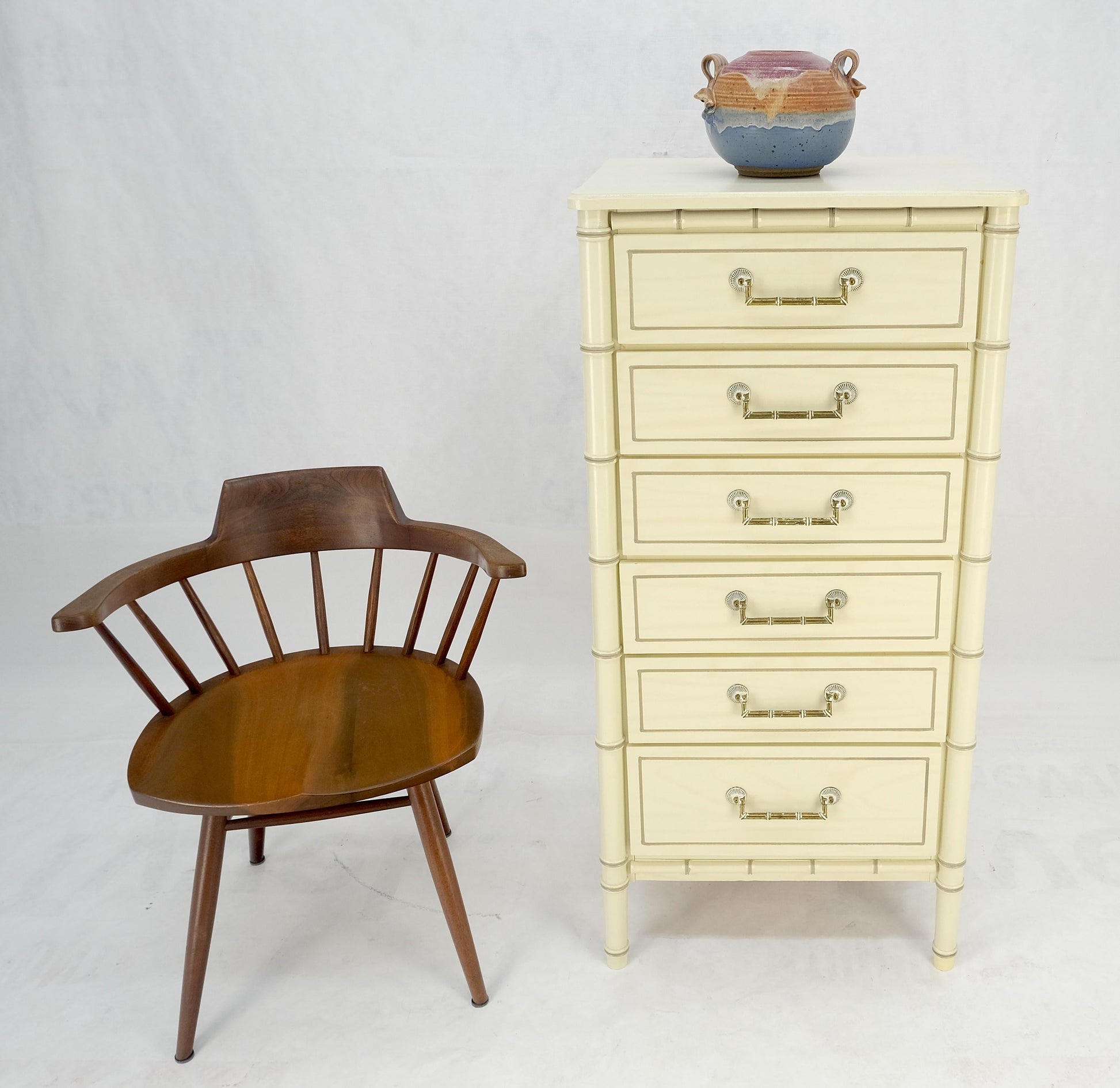 EstablishedLines Faux Bamboo Beige White Lacquer 48" Tall 6 Drawer Lingerie Chest Dresser MINT!