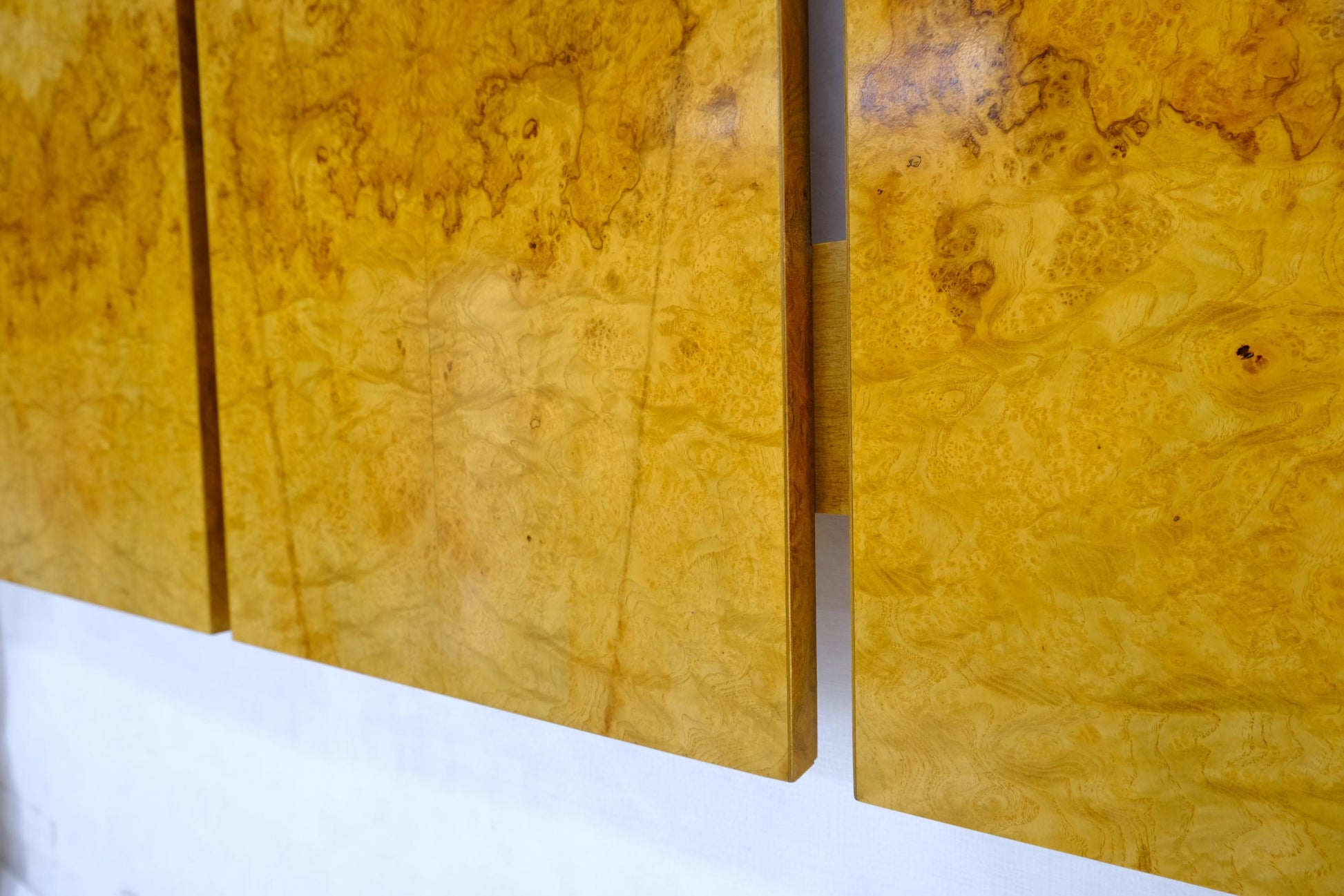 EstablishedLines Style of Milo Baughman Book Matched Burl Wood Queen or Full Size Headboard Bed