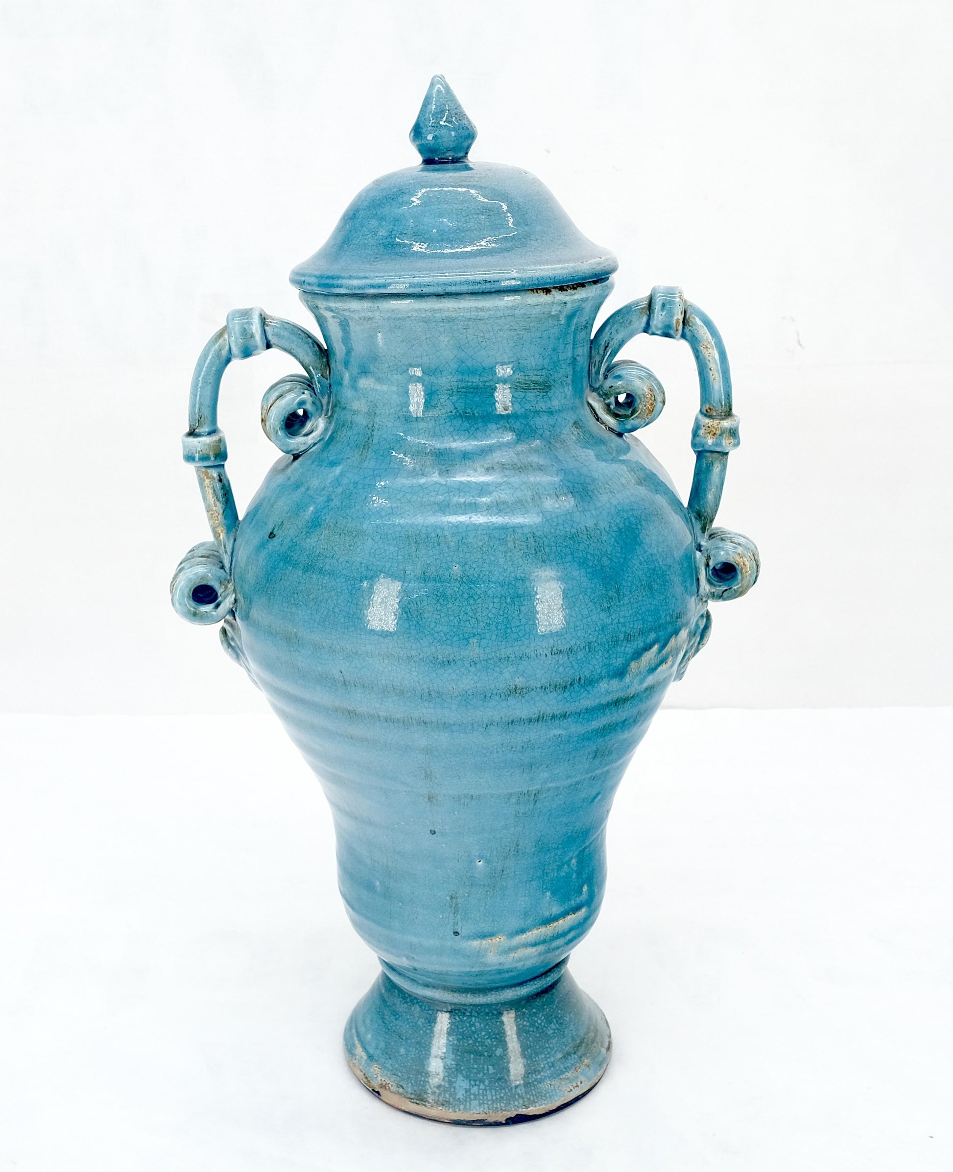 EstablishedLines Large 24" Tall Burmantofts Blue Glaze Terracotta Ceramic Urn Style Vase w/ Lid