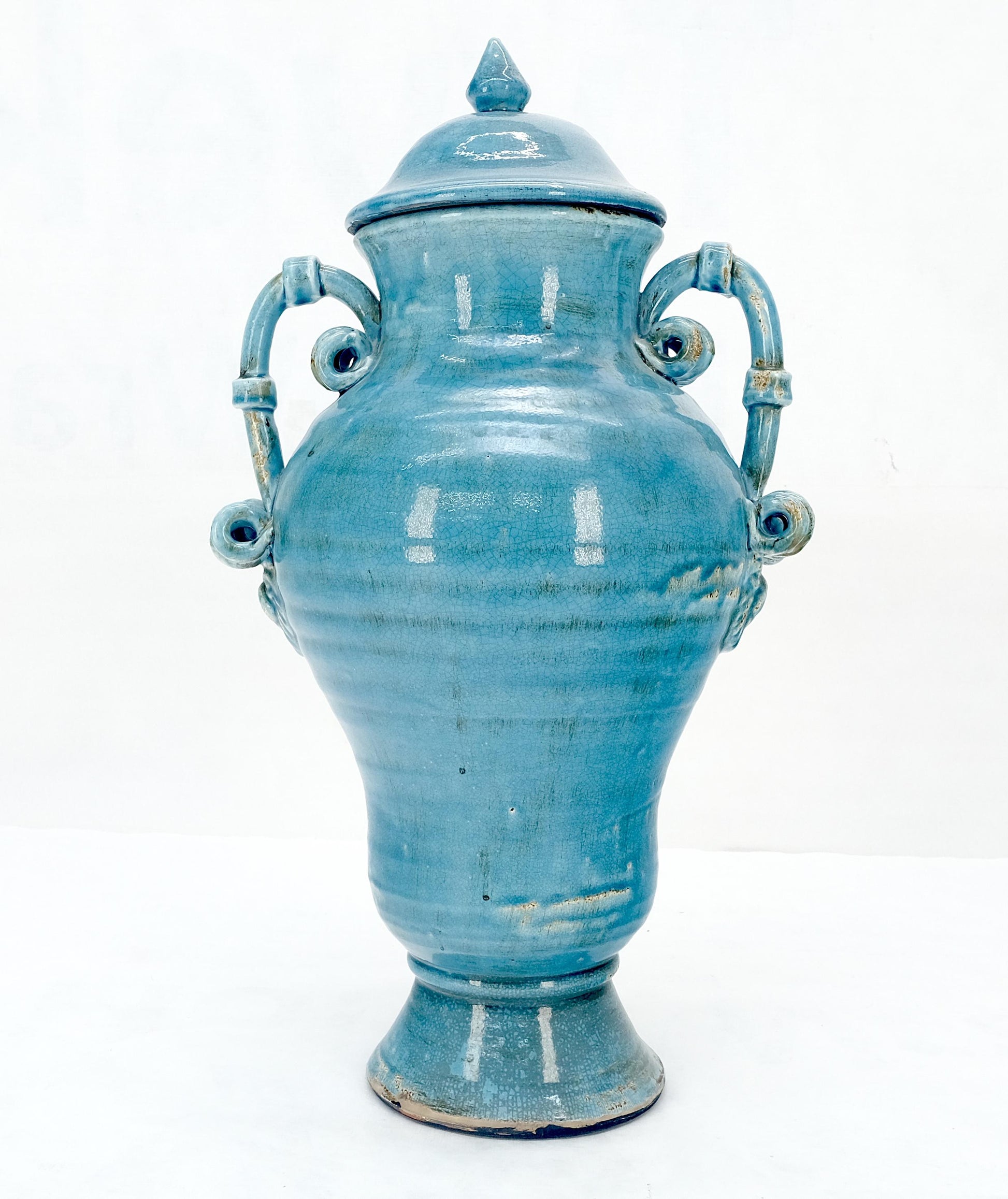 EstablishedLines Large 24" Tall Burmantofts Blue Glaze Terracotta Ceramic Urn Style Vase w/ Lid