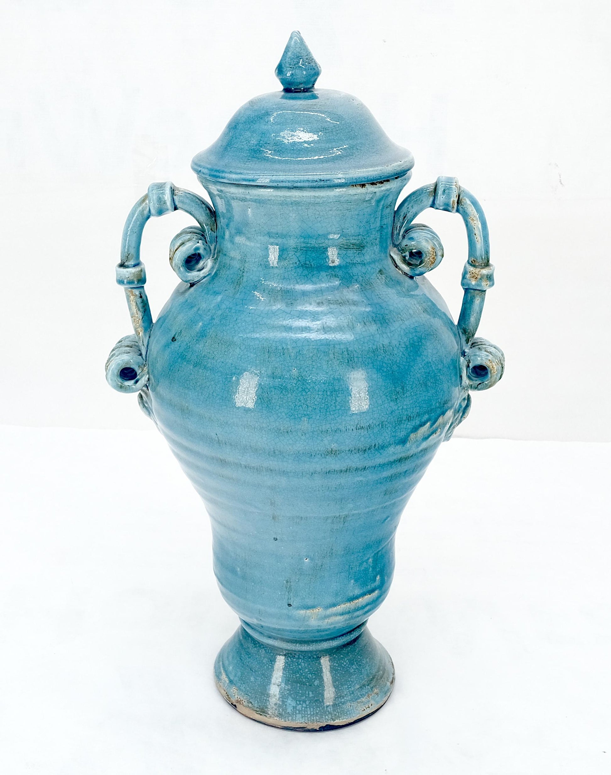 EstablishedLines Large 24" Tall Burmantofts Blue Glaze Terracotta Ceramic Urn Style Vase w/ Lid