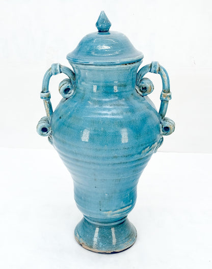 EstablishedLines Large 24" Tall Burmantofts Blue Glaze Terracotta Ceramic Urn Style Vase w/ Lid