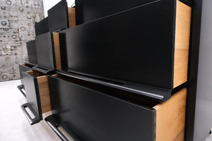 EstablishedLines Black Lacquer Ebonized Pieced Wood Pulls Gallery Top 9 Drawers Dresser Credenza