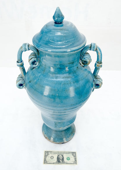 EstablishedLines Large 24" Tall Burmantofts Blue Glaze Terracotta Ceramic Urn Style Vase w/ Lid