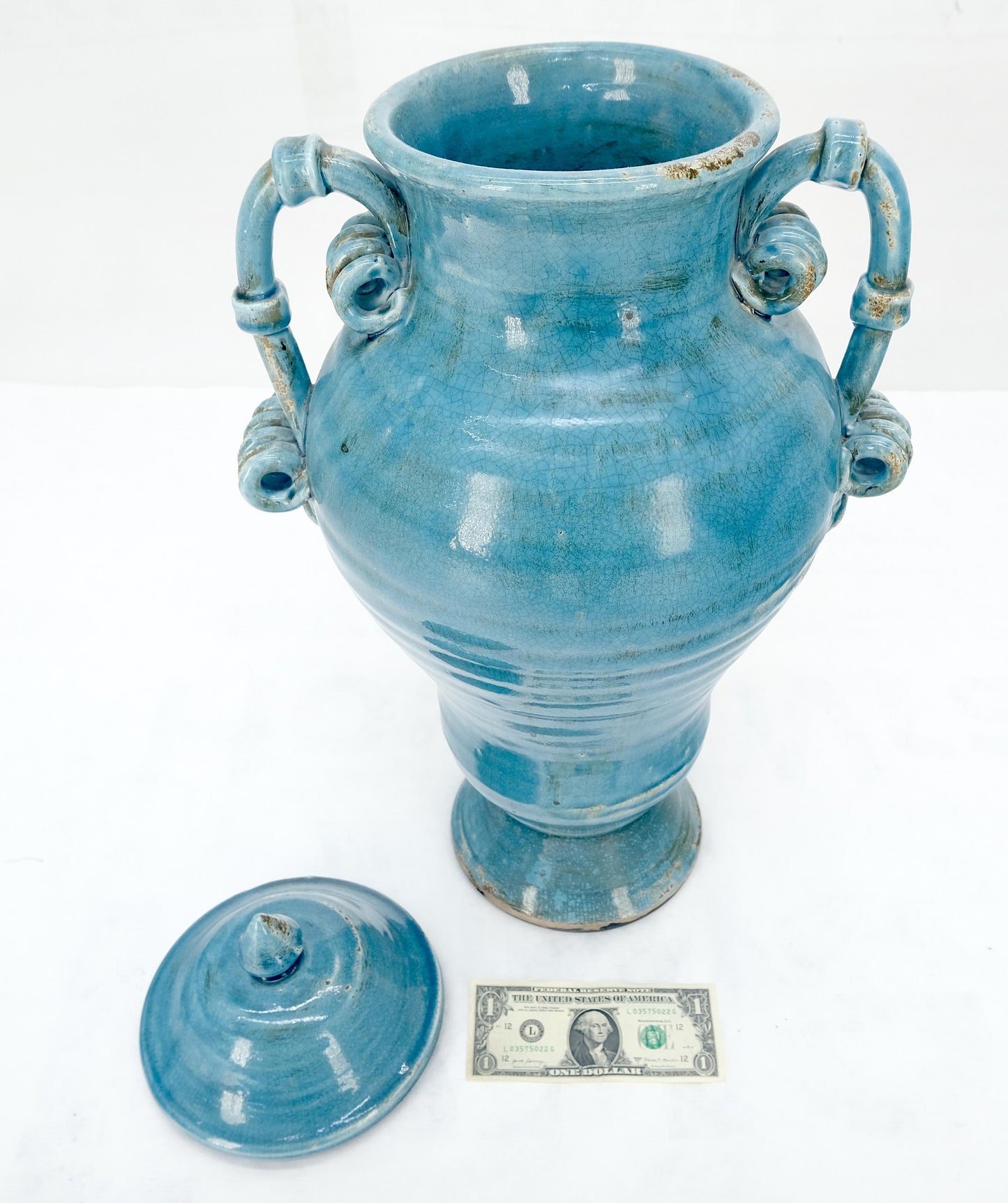 EstablishedLines Large 24" Tall Burmantofts Blue Glaze Terracotta Ceramic Urn Style Vase w/ Lid