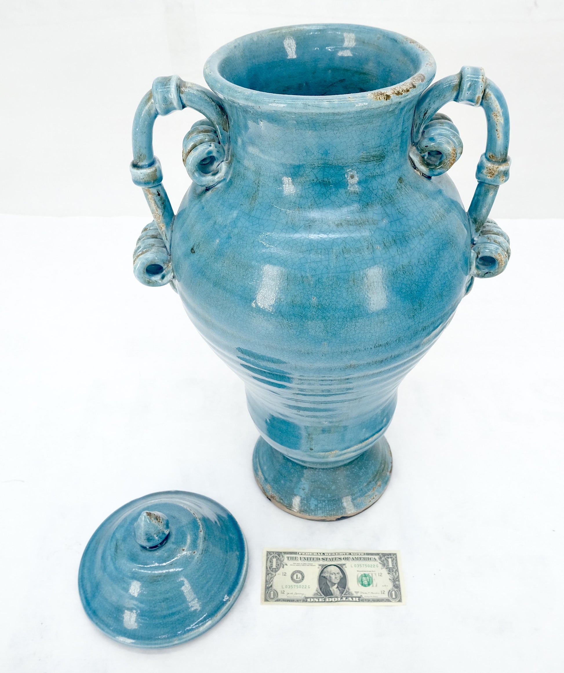 EstablishedLines Large 24" Tall Burmantofts Blue Glaze Terracotta Ceramic Urn Style Vase w/ Lid
