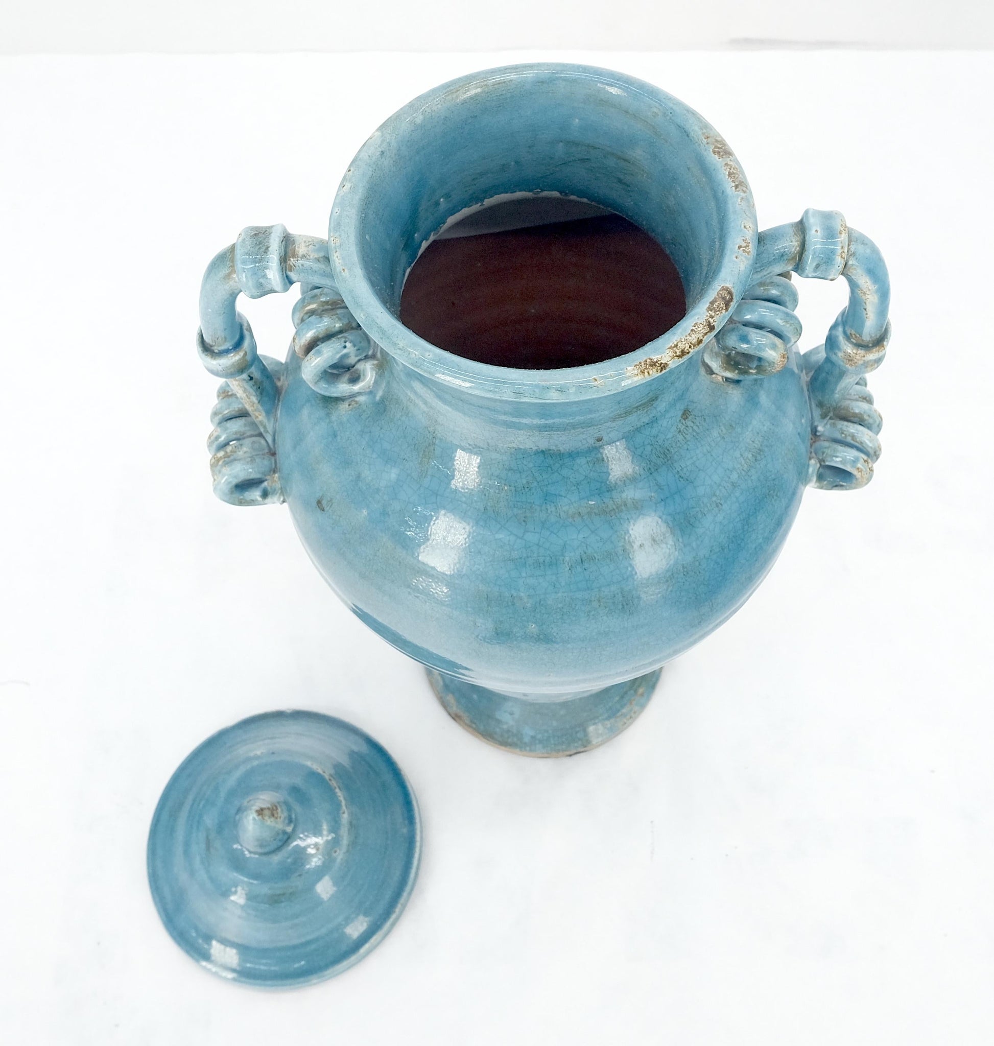 EstablishedLines Large 24" Tall Burmantofts Blue Glaze Terracotta Ceramic Urn Style Vase w/ Lid