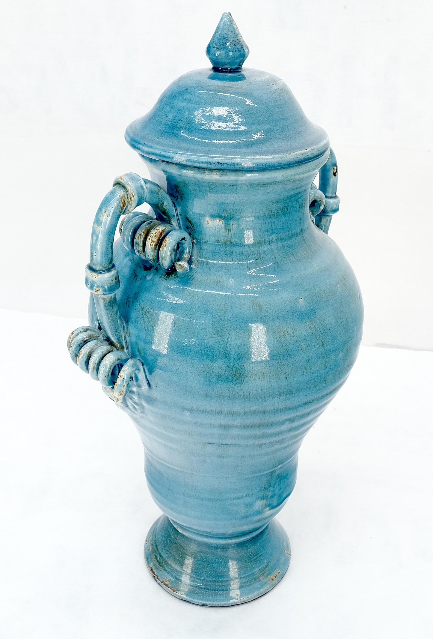 EstablishedLines Large 24" Tall Burmantofts Blue Glaze Terracotta Ceramic Urn Style Vase w/ Lid