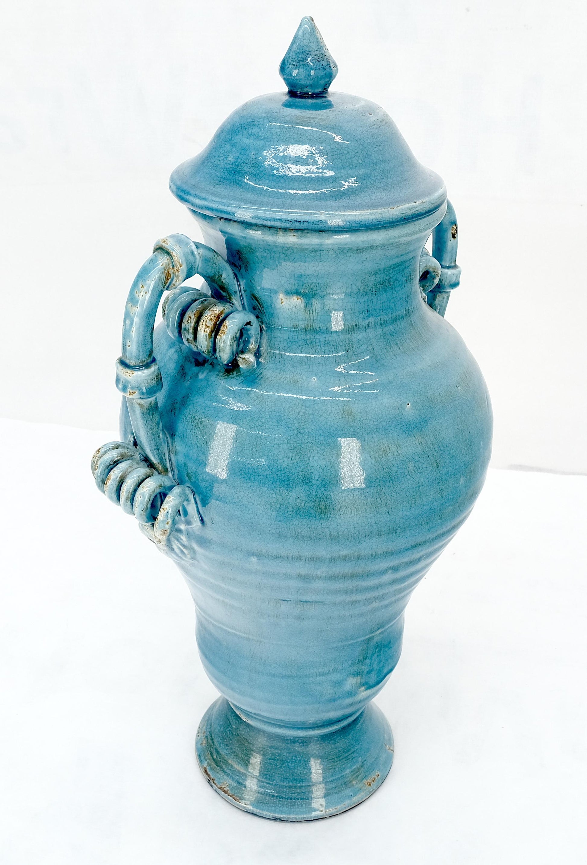 EstablishedLines Large 24" Tall Burmantofts Blue Glaze Terracotta Ceramic Urn Style Vase w/ Lid