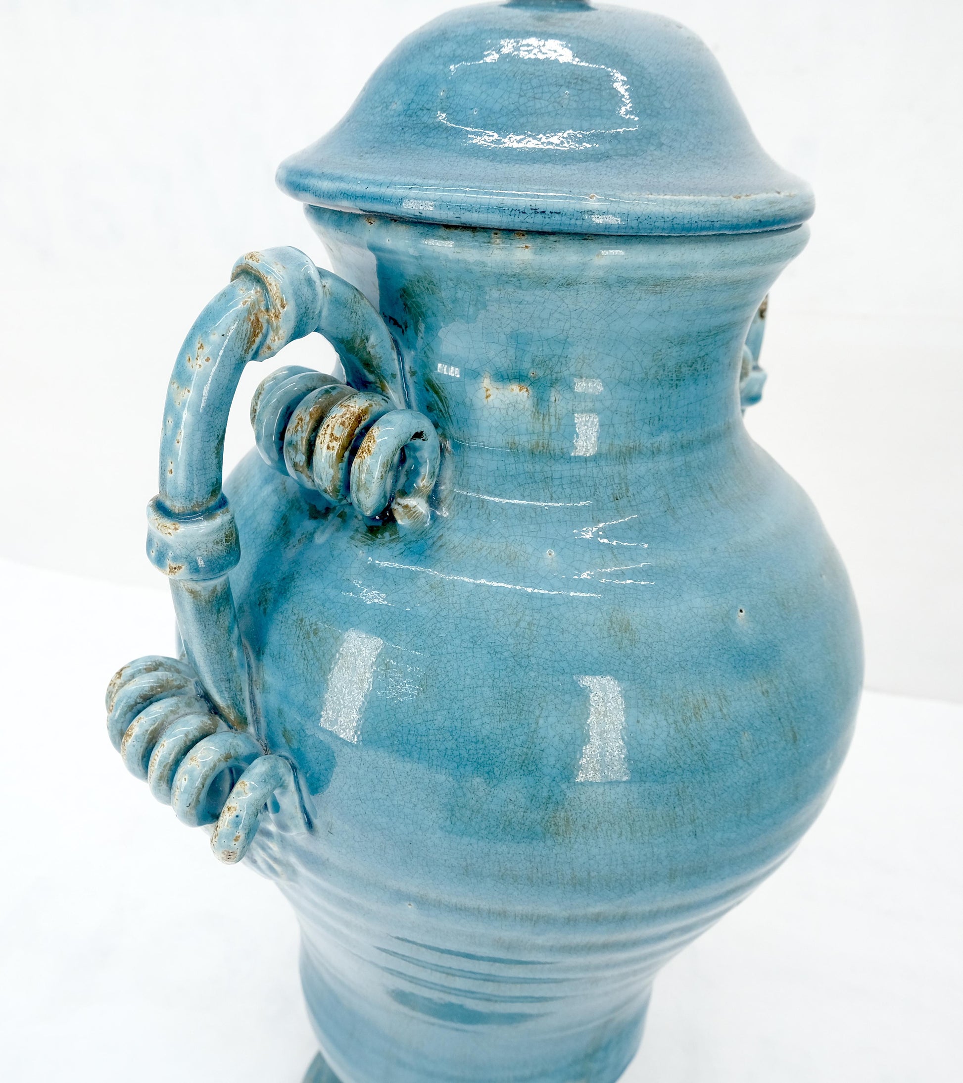 EstablishedLines Large 24" Tall Burmantofts Blue Glaze Terracotta Ceramic Urn Style Vase w/ Lid