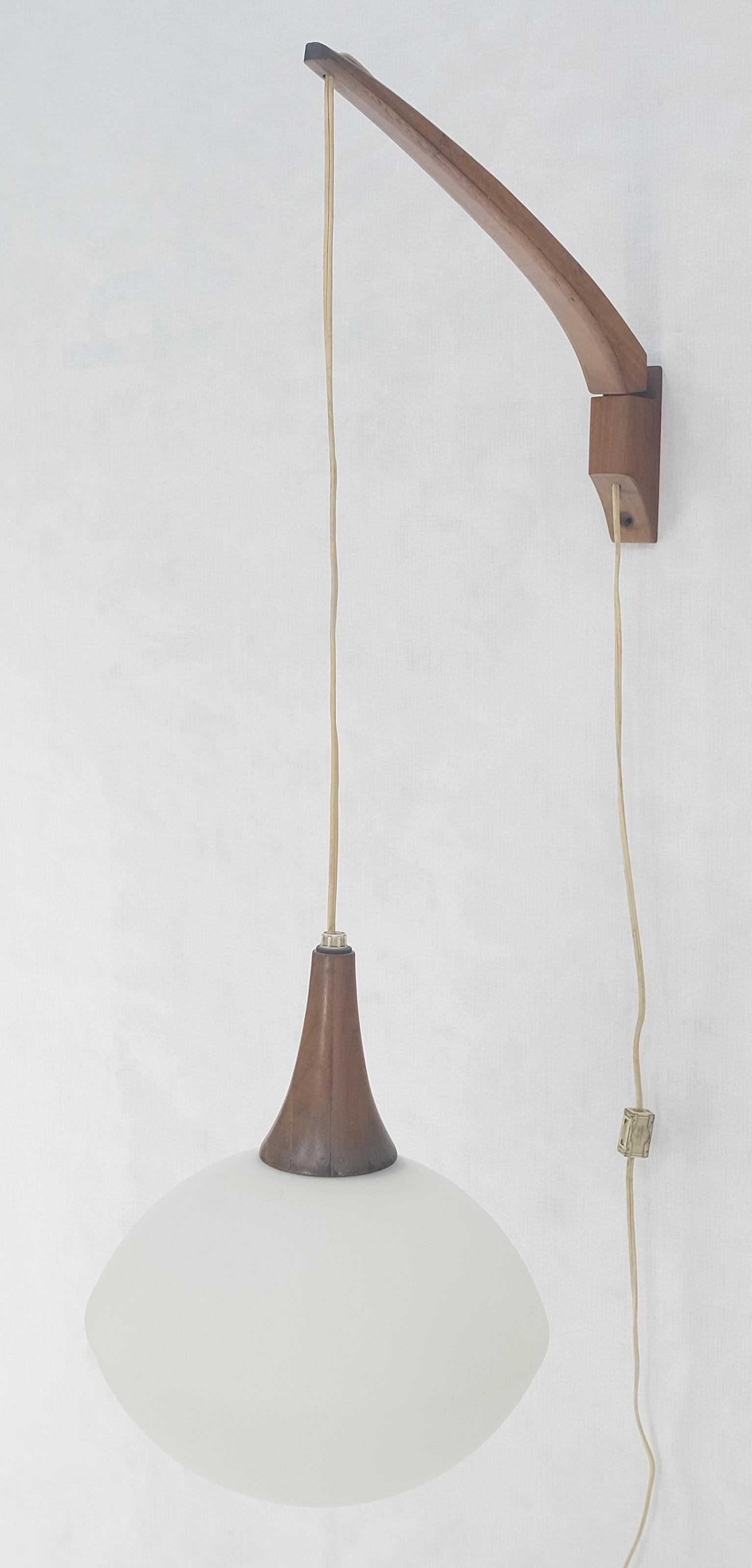 EstablishedLines Danish Mid Century Modern Fully Adjustable Teak Swing Scones Frost Glass Shade