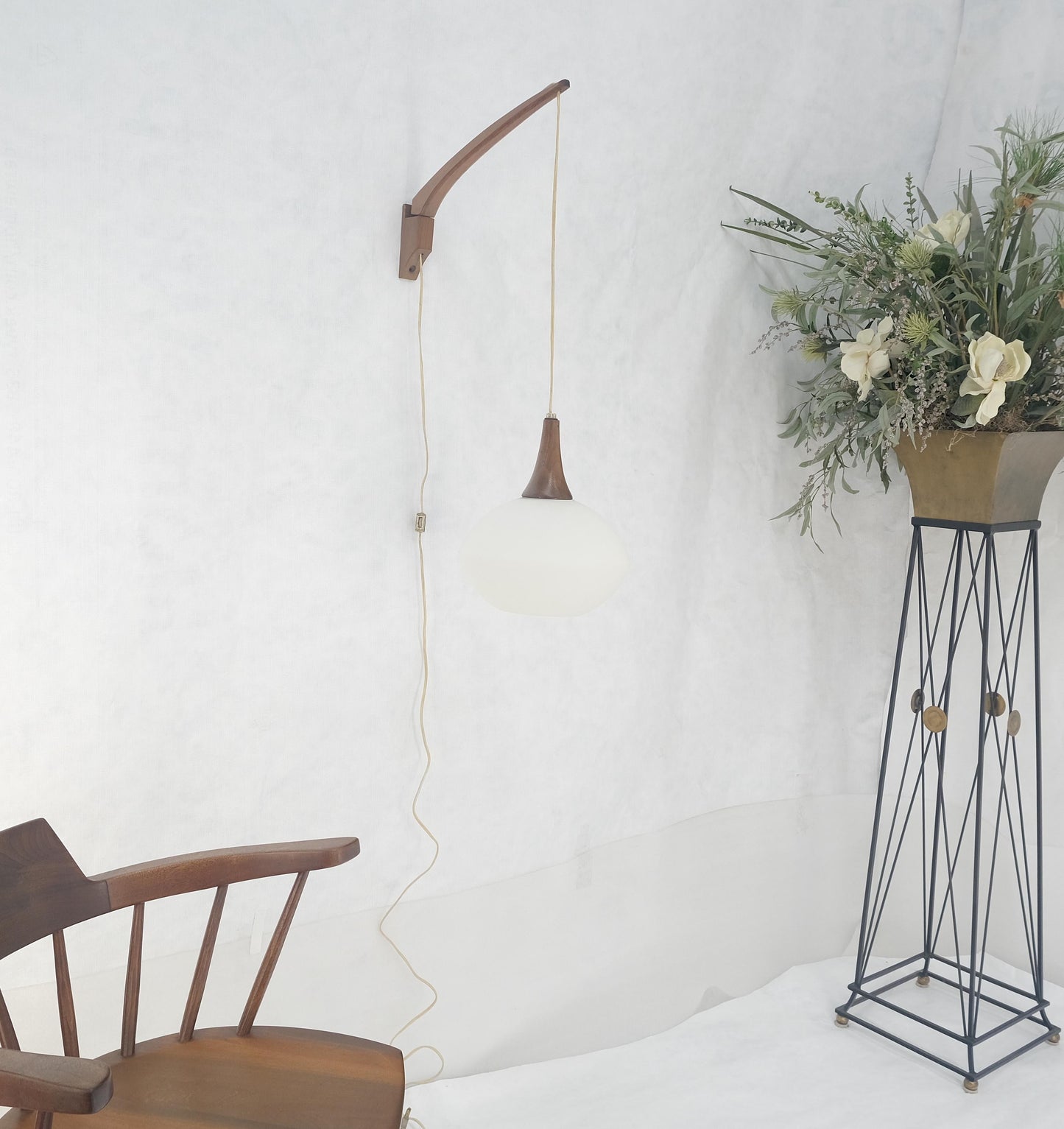 EstablishedLines Danish Mid Century Modern Fully Adjustable Teak Swing Scones Frost Glass Shade