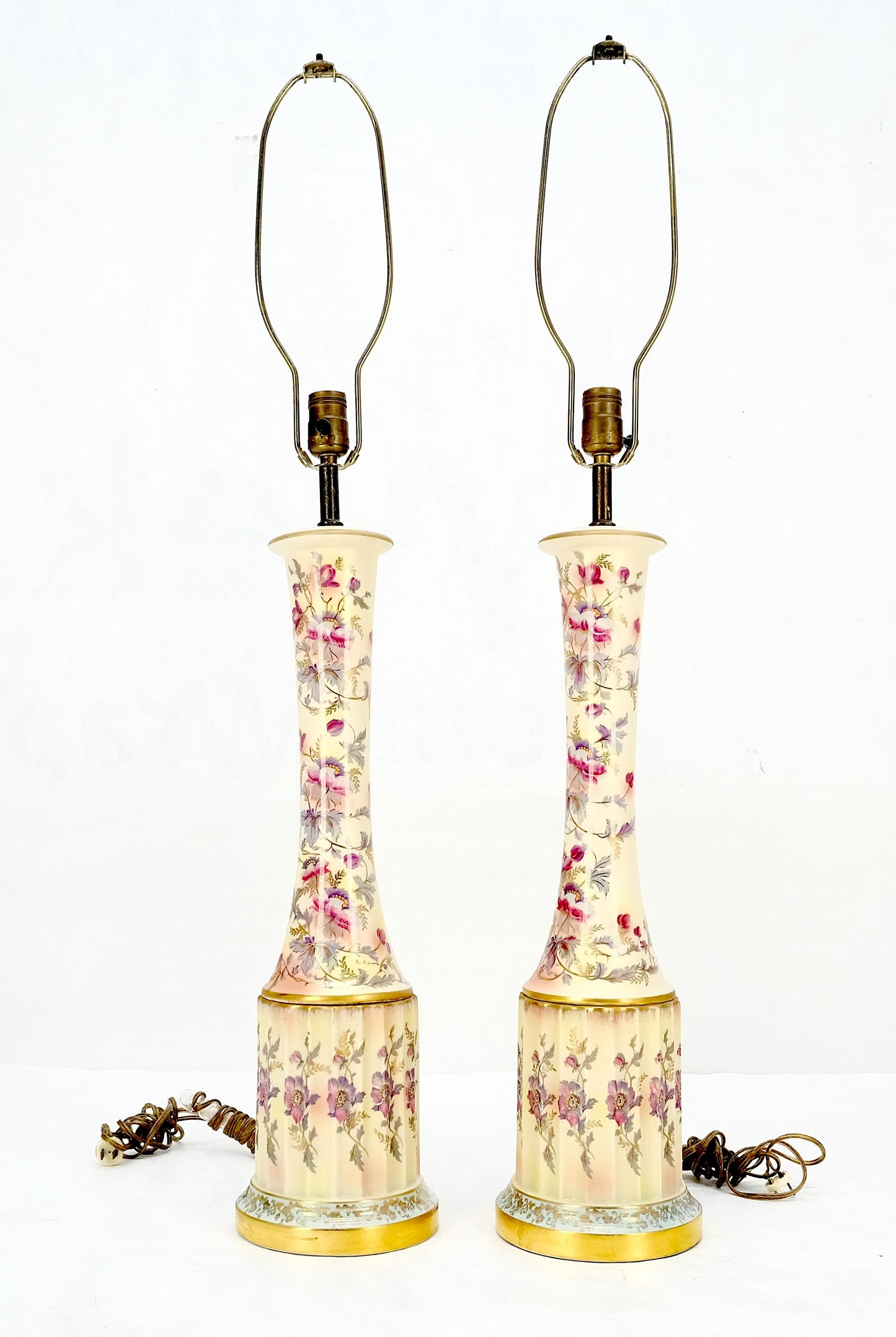 EstablishedLines Pair of 39" Tall Ceramic Hand Painted Round Tower Shape Table Lamps w/ Shades