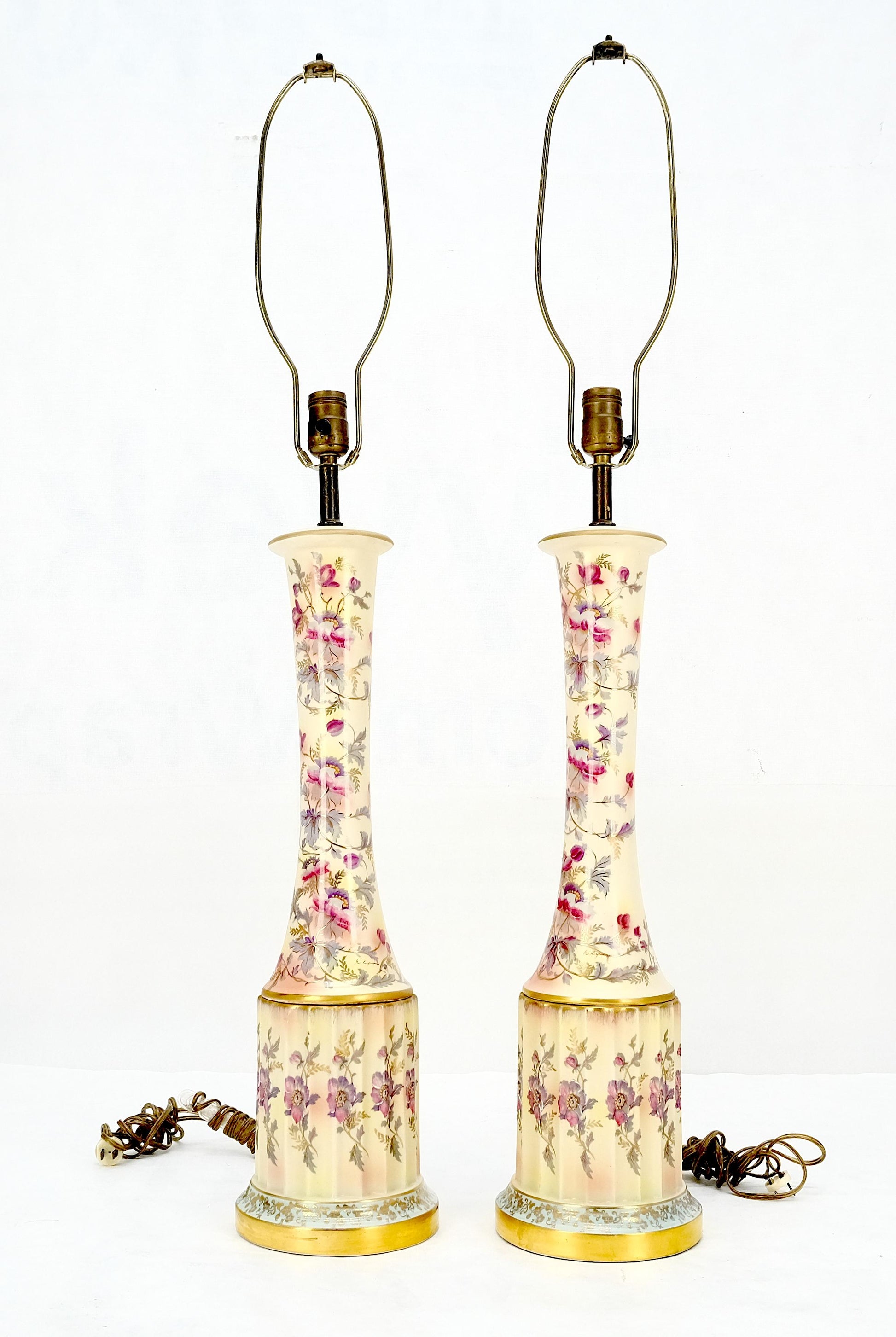 EstablishedLines Pair of 39" Tall Ceramic Hand Painted Round Tower Shape Table Lamps w/ Shades