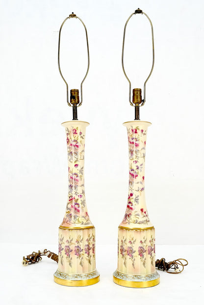 EstablishedLines Pair of 39" Tall Ceramic Hand Painted Round Tower Shape Table Lamps w/ Shades
