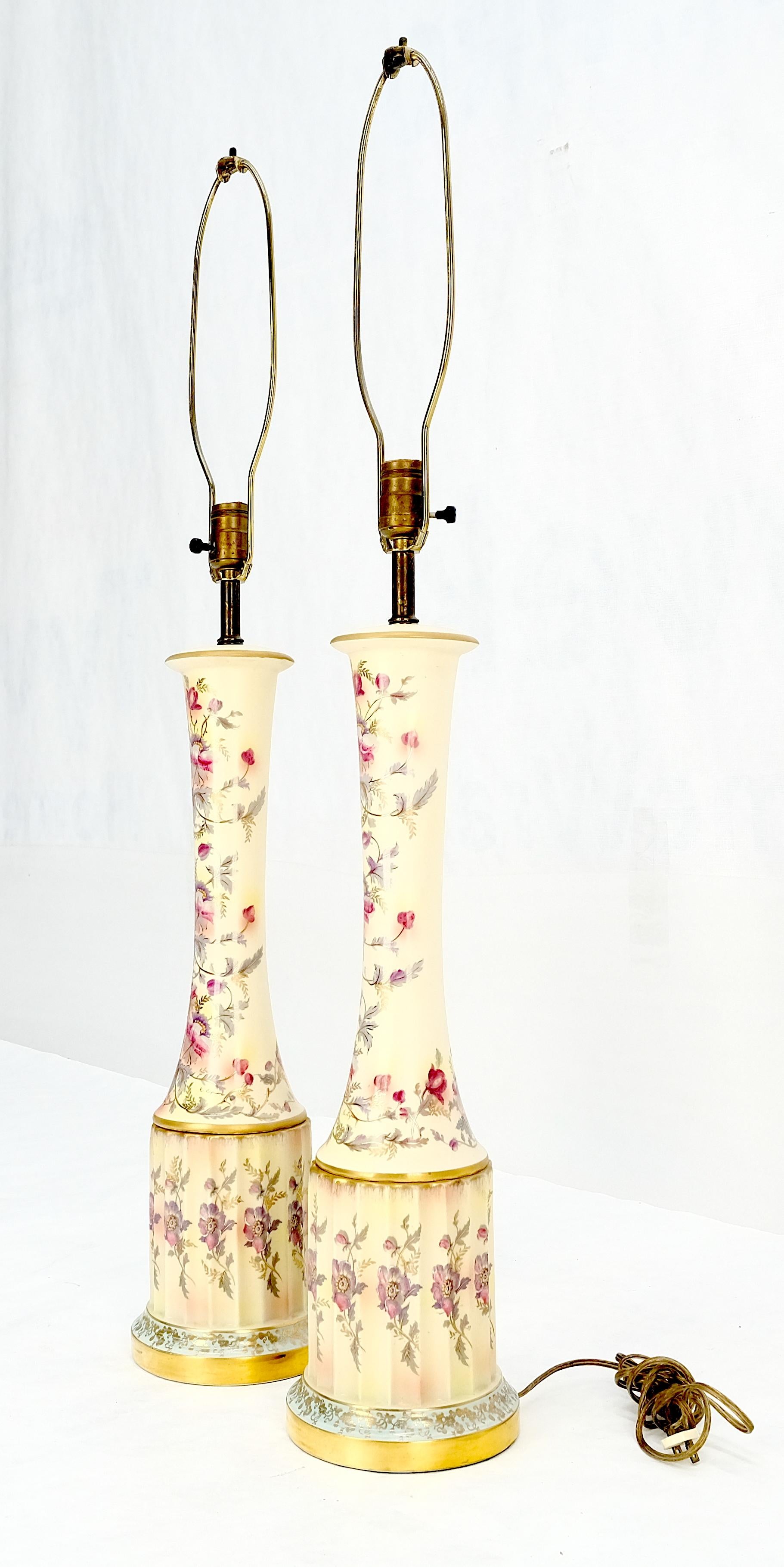EstablishedLines Pair of 39" Tall Ceramic Hand Painted Round Tower Shape Table Lamps w/ Shades