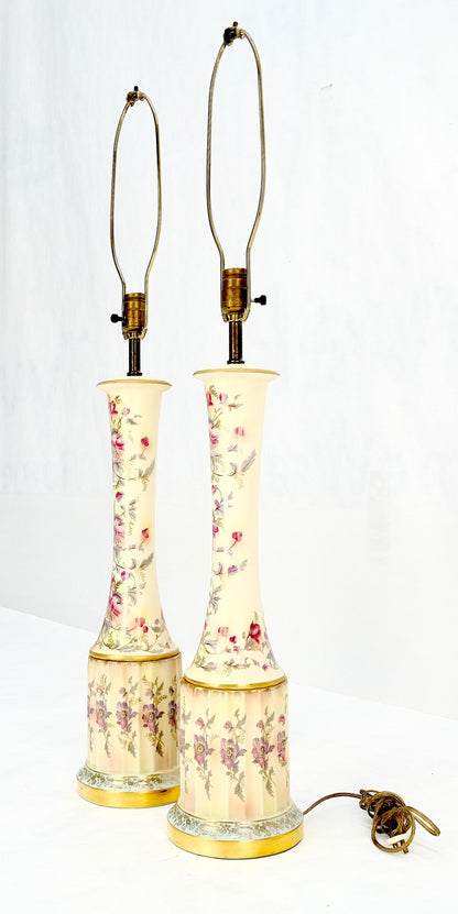EstablishedLines Pair of 39" Tall Ceramic Hand Painted Round Tower Shape Table Lamps w/ Shades