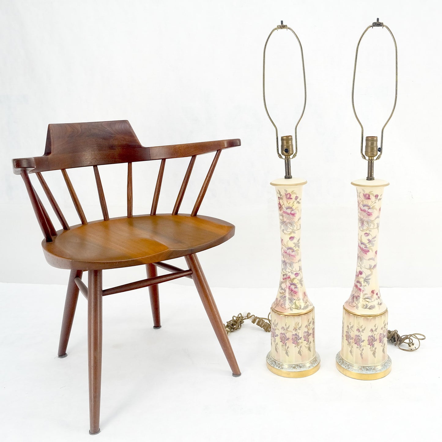 EstablishedLines Pair of 39" Tall Ceramic Hand Painted Round Tower Shape Table Lamps w/ Shades