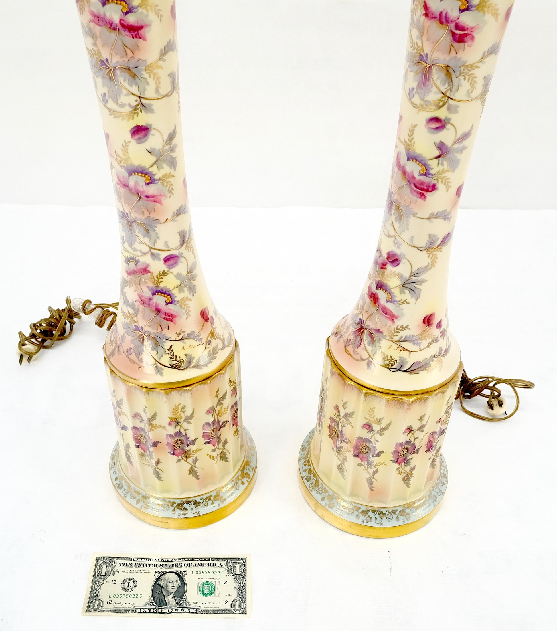 EstablishedLines Pair of 39" Tall Ceramic Hand Painted Round Tower Shape Table Lamps w/ Shades
