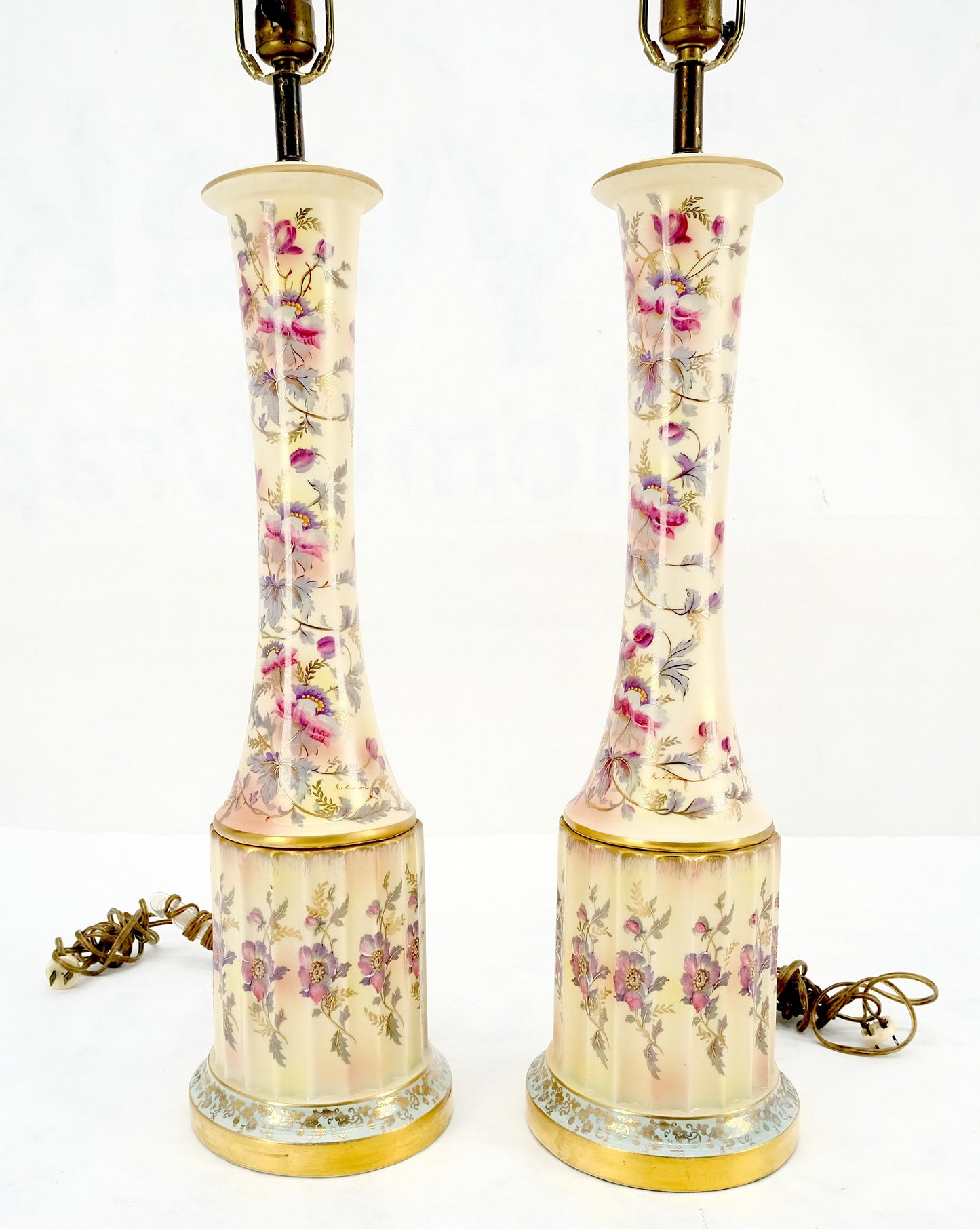 EstablishedLines Pair of 39" Tall Ceramic Hand Painted Round Tower Shape Table Lamps w/ Shades
