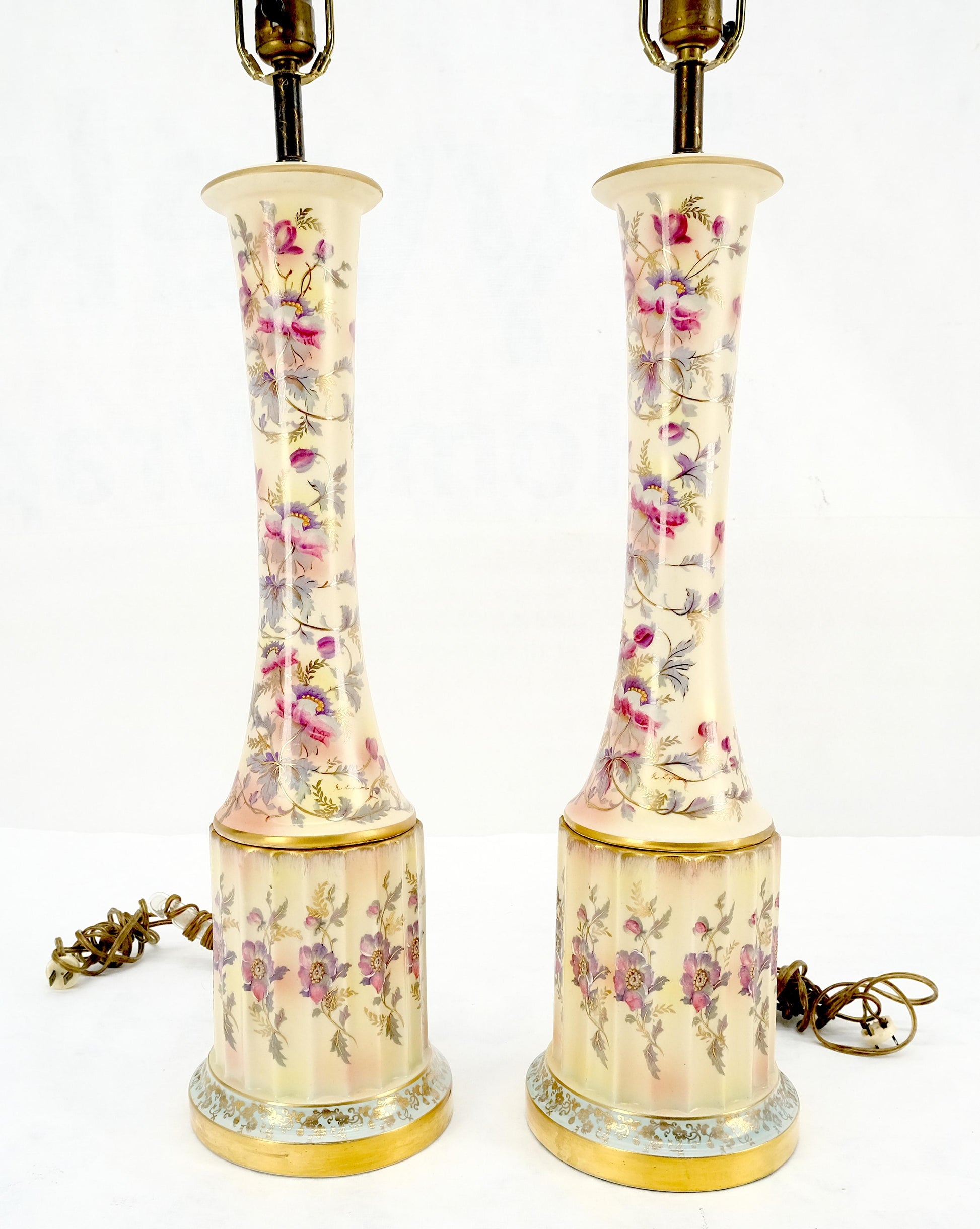 EstablishedLines Pair of 39" Tall Ceramic Hand Painted Round Tower Shape Table Lamps w/ Shades