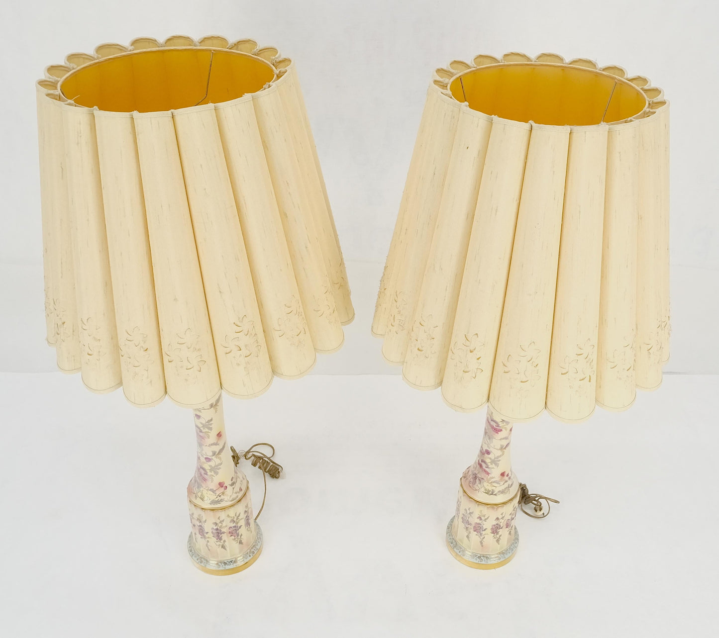 EstablishedLines Pair of 39" Tall Ceramic Hand Painted Round Tower Shape Table Lamps w/ Shades