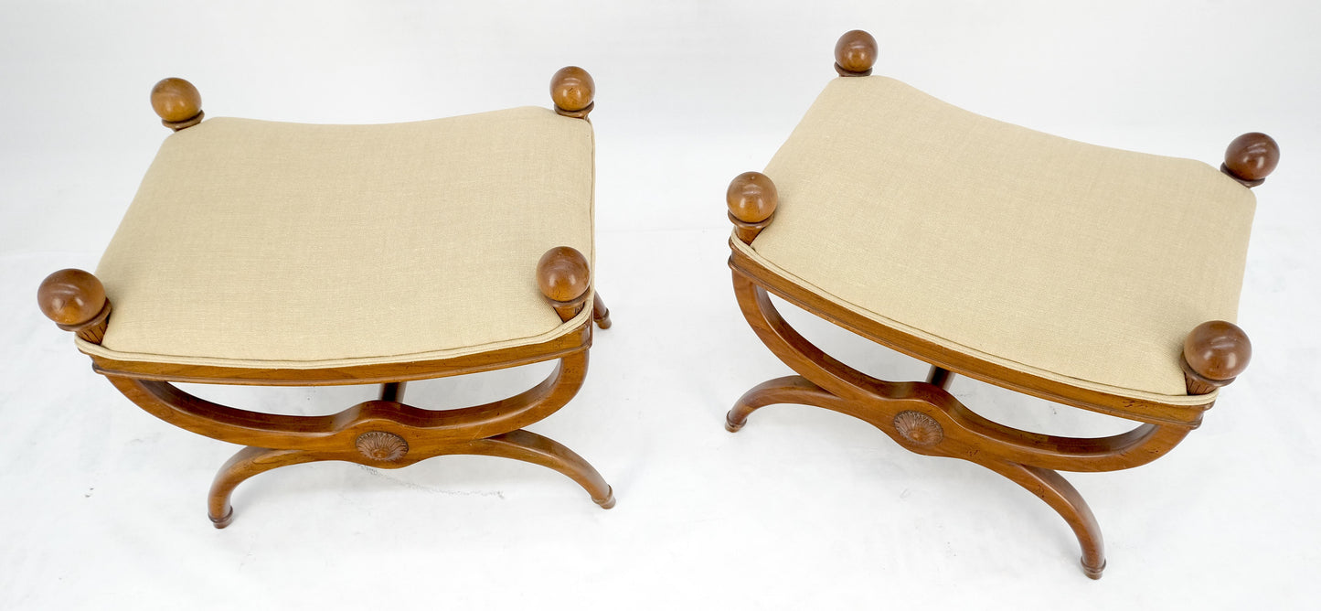 EstablishedLines Pair of New Linen Upholstery French Empire Style Ball Finials Benches MINT!