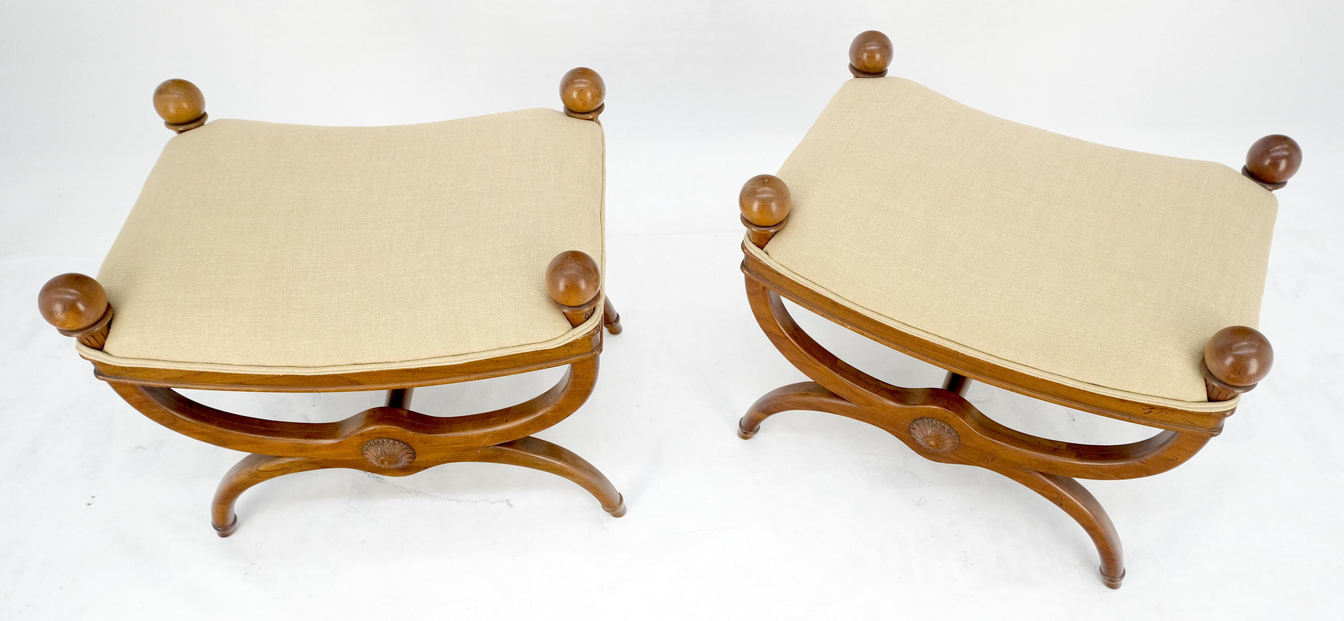 EstablishedLines Pair of New Linen Upholstery French Empire Style Ball Finials Benches MINT!