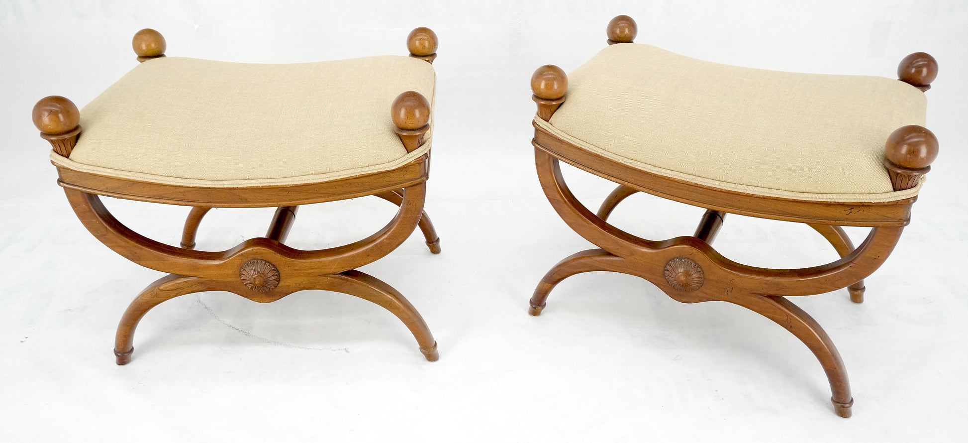 EstablishedLines Pair of New Linen Upholstery French Empire Style Ball Finials Benches MINT!