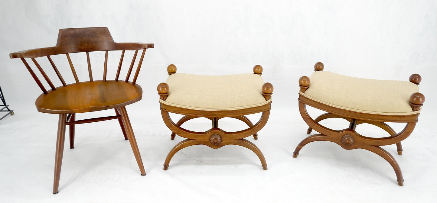 EstablishedLines Pair of New Linen Upholstery French Empire Style Ball Finials Benches MINT!