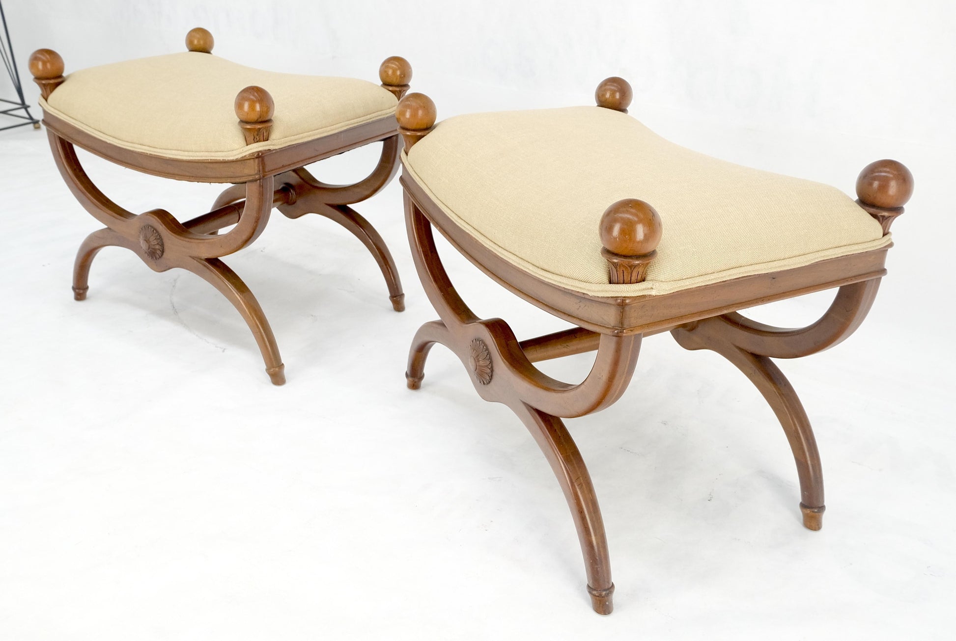 EstablishedLines Pair of New Linen Upholstery French Empire Style Ball Finials Benches MINT!