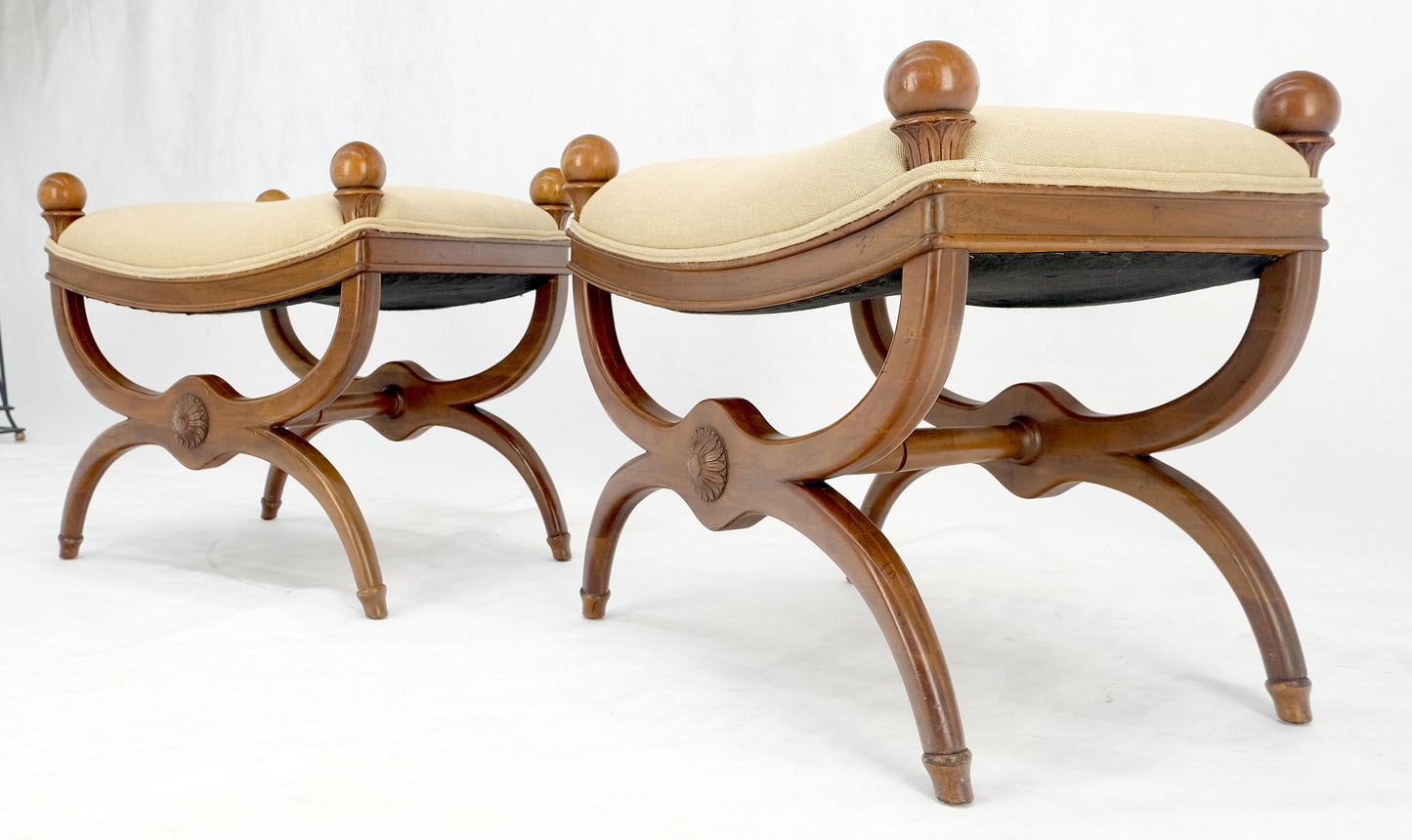 EstablishedLines Pair of New Linen Upholstery French Empire Style Ball Finials Benches MINT!