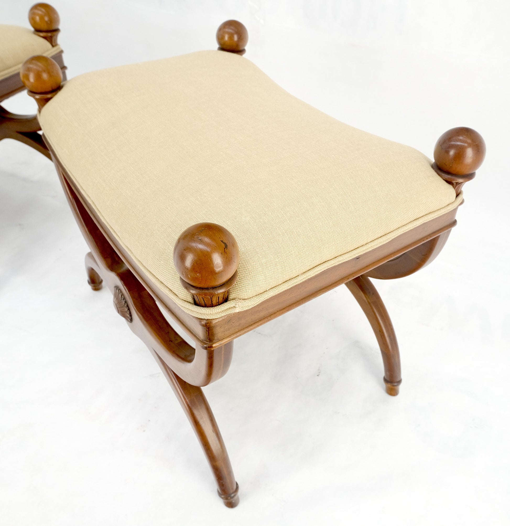 EstablishedLines Pair of New Linen Upholstery French Empire Style Ball Finials Benches MINT!