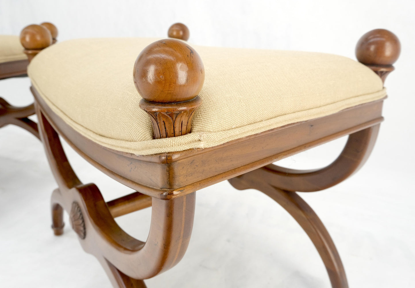 EstablishedLines Pair of New Linen Upholstery French Empire Style Ball Finials Benches MINT!