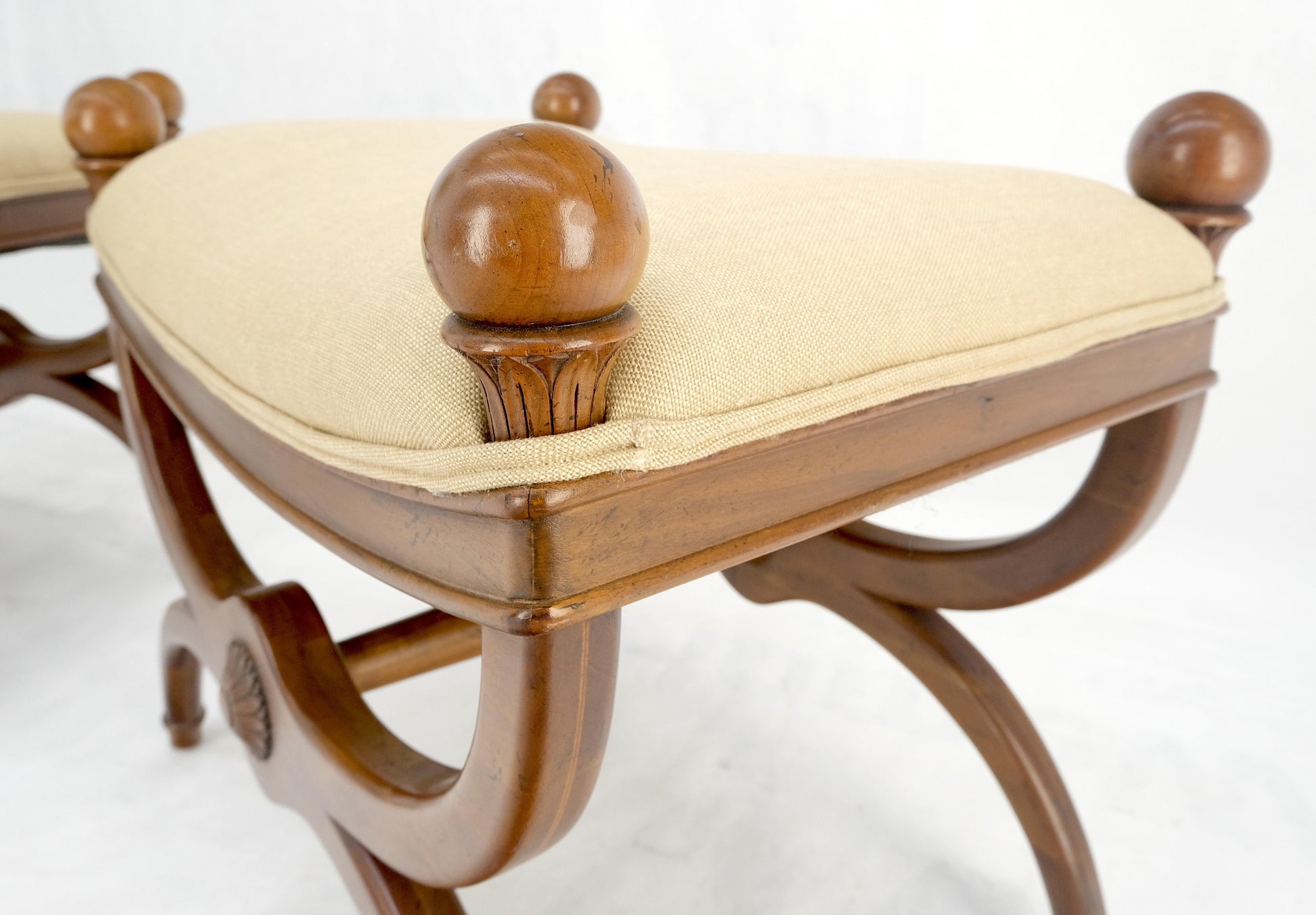 EstablishedLines Pair of New Linen Upholstery French Empire Style Ball Finials Benches MINT!
