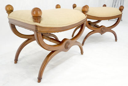 EstablishedLines Pair of New Linen Upholstery French Empire Style Ball Finials Benches MINT!