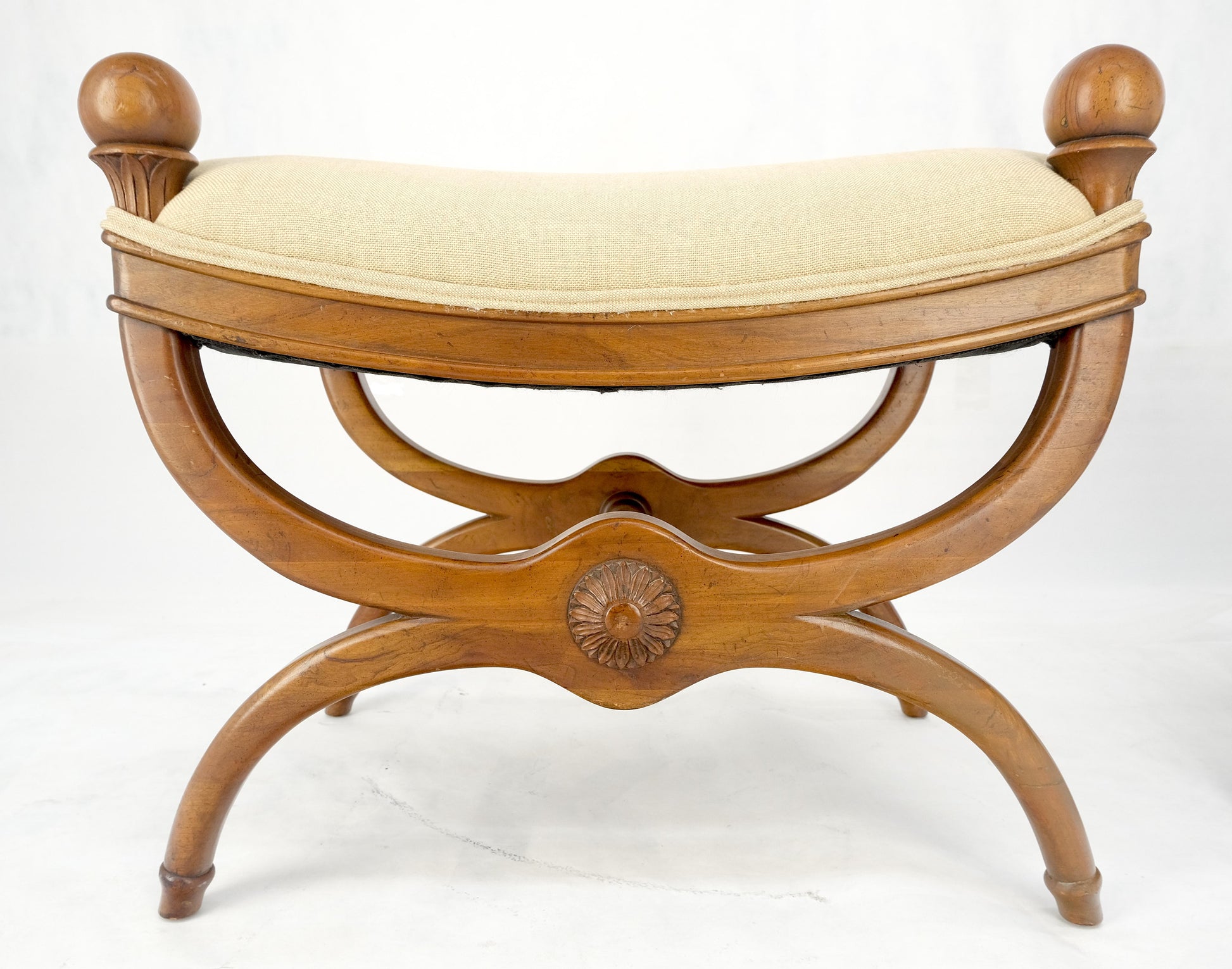 EstablishedLines Pair of New Linen Upholstery French Empire Style Ball Finials Benches MINT!