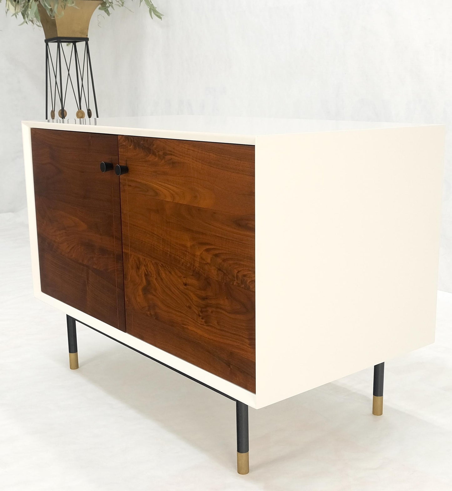 EstablishedLines White Lacquer Oiled Walnut Double Door Cylinder Legs Brass Tips Legs Credenza
