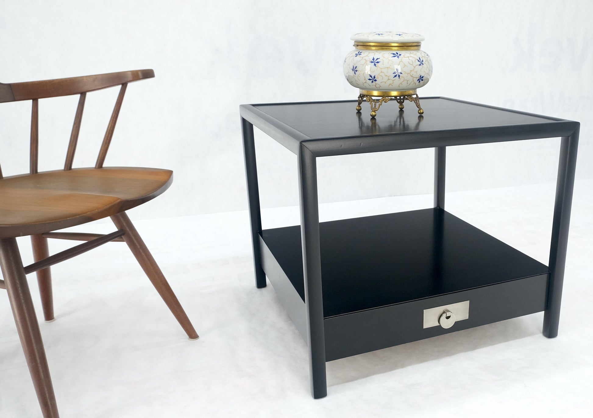 EstablishedLines Baker Black Lacquer One Drawer Two Tier Square Side End Table Night Stand MINT!