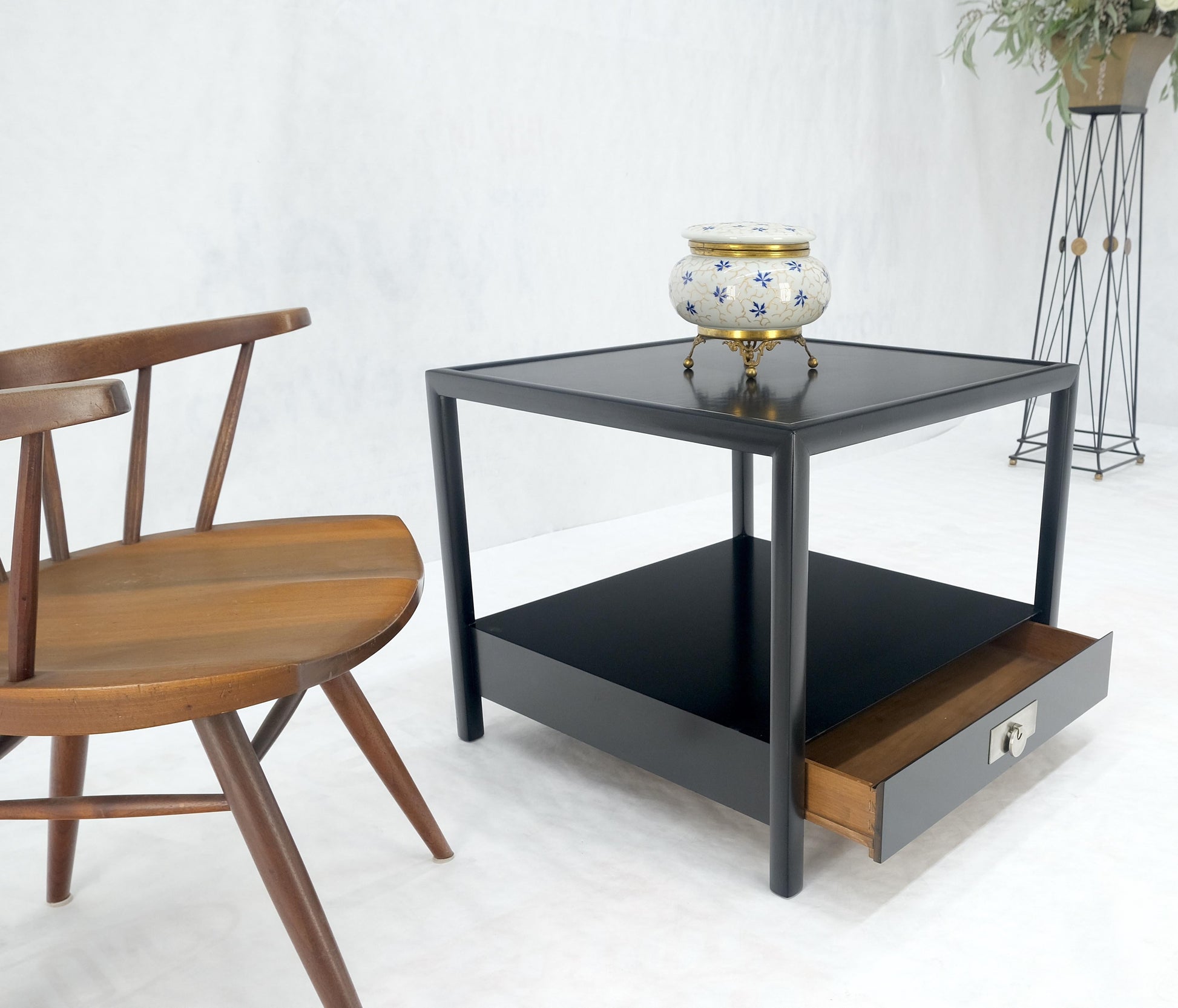 EstablishedLines Baker Black Lacquer One Drawer Two Tier Square Side End Table Night Stand MINT!