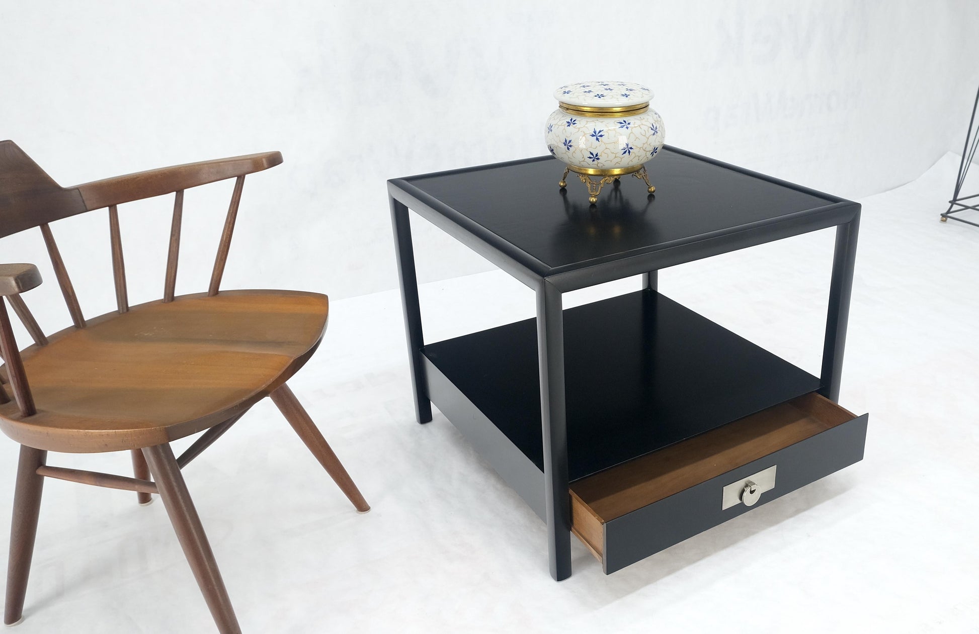 EstablishedLines Baker Black Lacquer One Drawer Two Tier Square Side End Table Night Stand MINT!