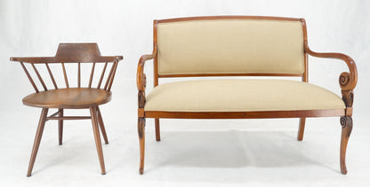 EstablishedLines New Solid Linen Upholstery Antique Louis Phillipe Style Carved Maple Loveseat